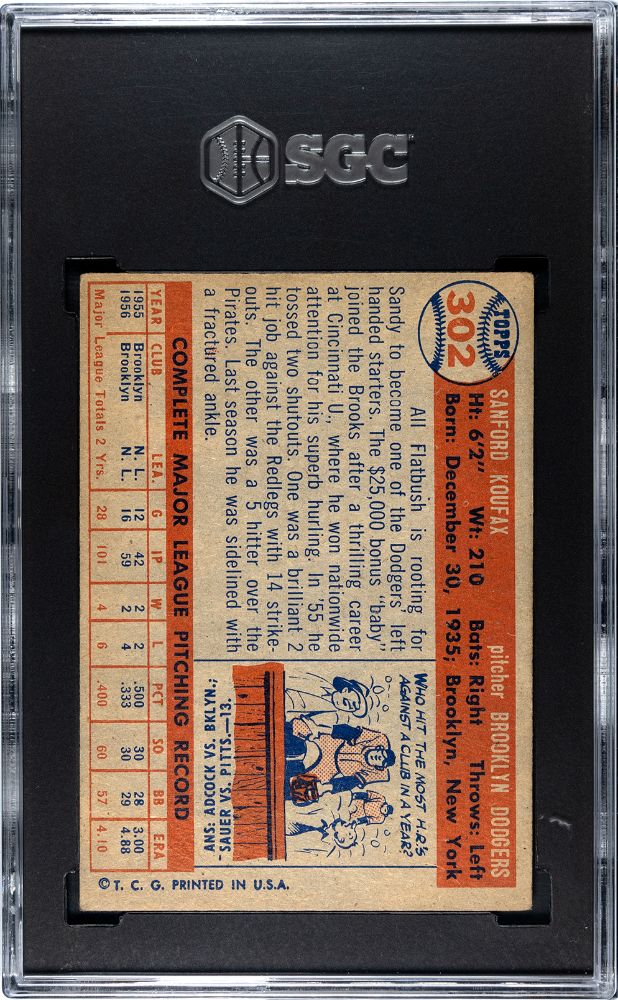 1957 TOPPS SANDY KOUFAX #302 SGC 3