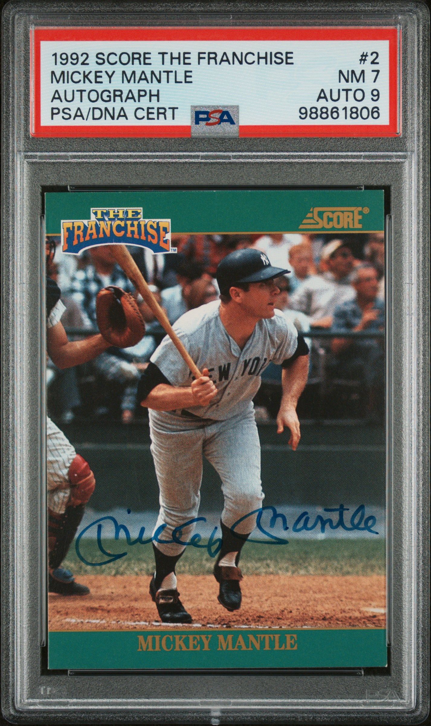 1992 SCORE MICKEY MANTLE THE FRANCHISE AUTOGRAPH #2 PSA 7 AUTO 9