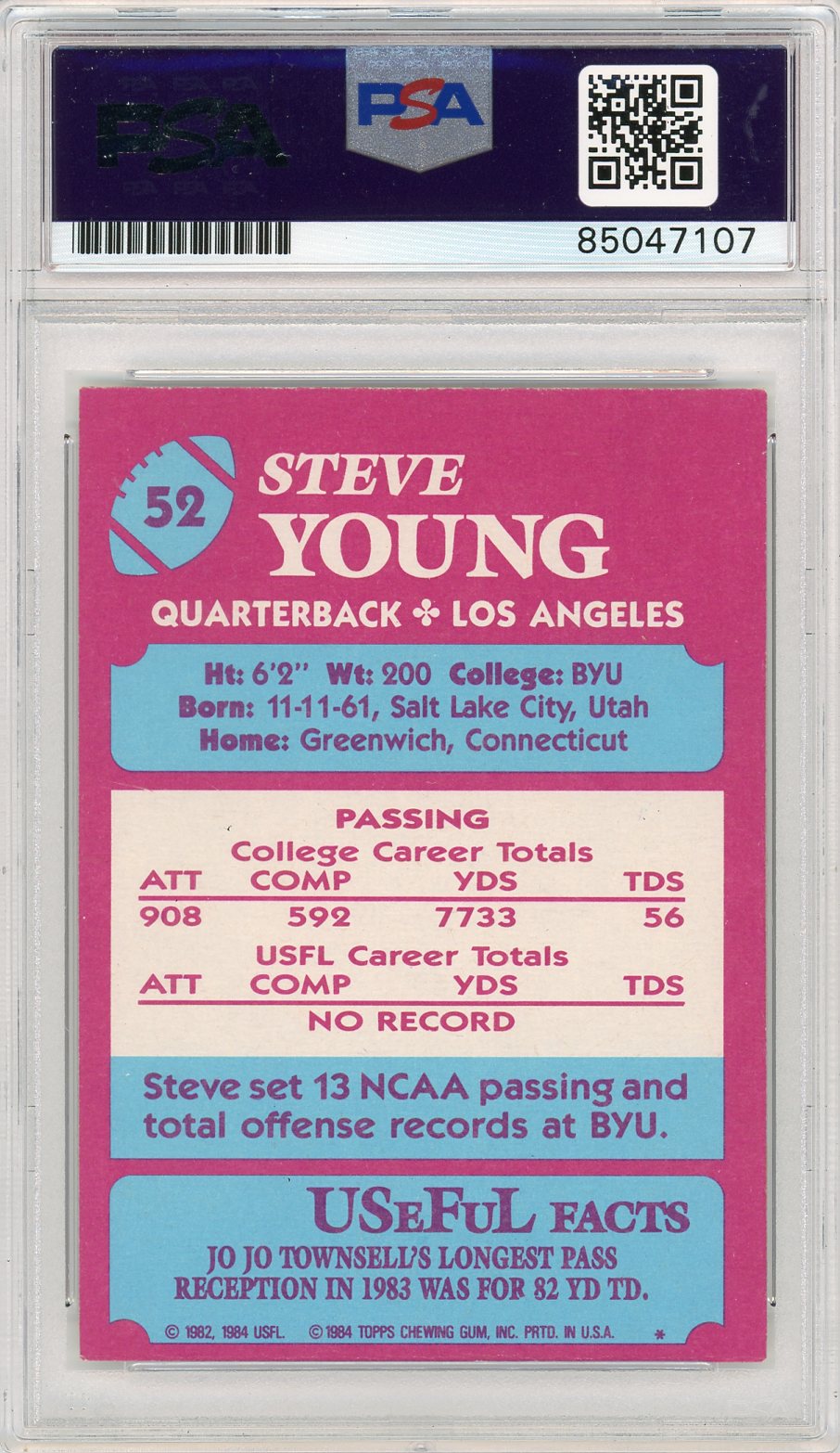 1984 Topps USFL Steve Young #52 PSA A Auto 10
