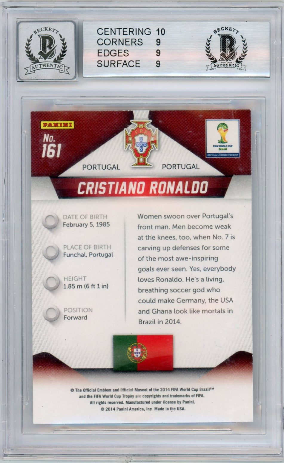 2014 Panini Prizm Cristiano Ronaldo #161 BGS 9 Auto 10