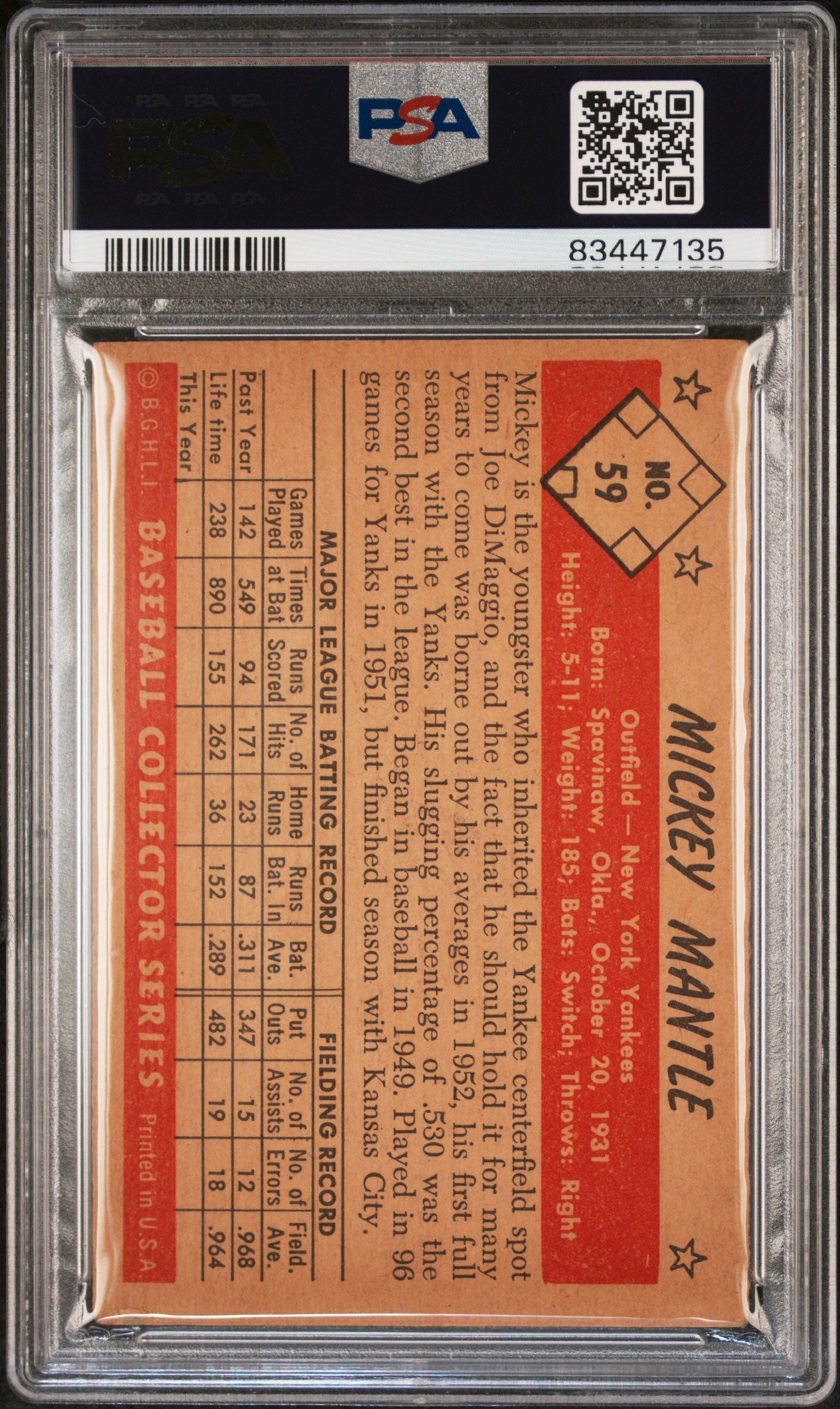 1953 BOWMAN MICKEY MANTLE COLOR #59 PSA 3