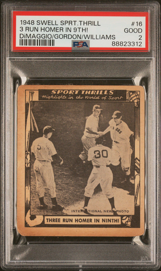 1948 3 RUN HOMER IN 9TH! SWELL SPORTS THRILLS DIMAGGIO/GORDON/WILLIAMS #16 PSA 2