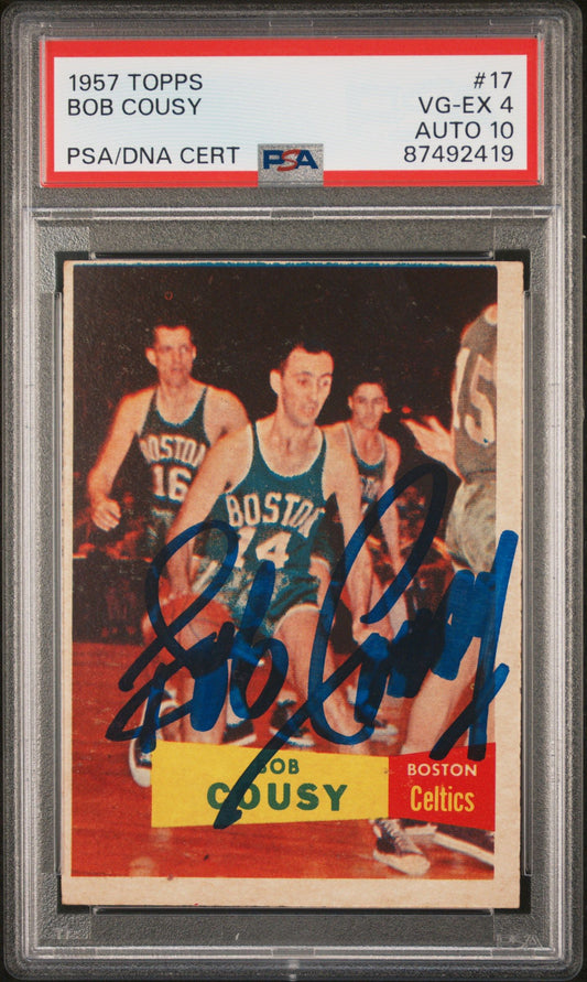 1957 TOPPS BOB COUSY #17 PSA/DNA 4 AUTO 10