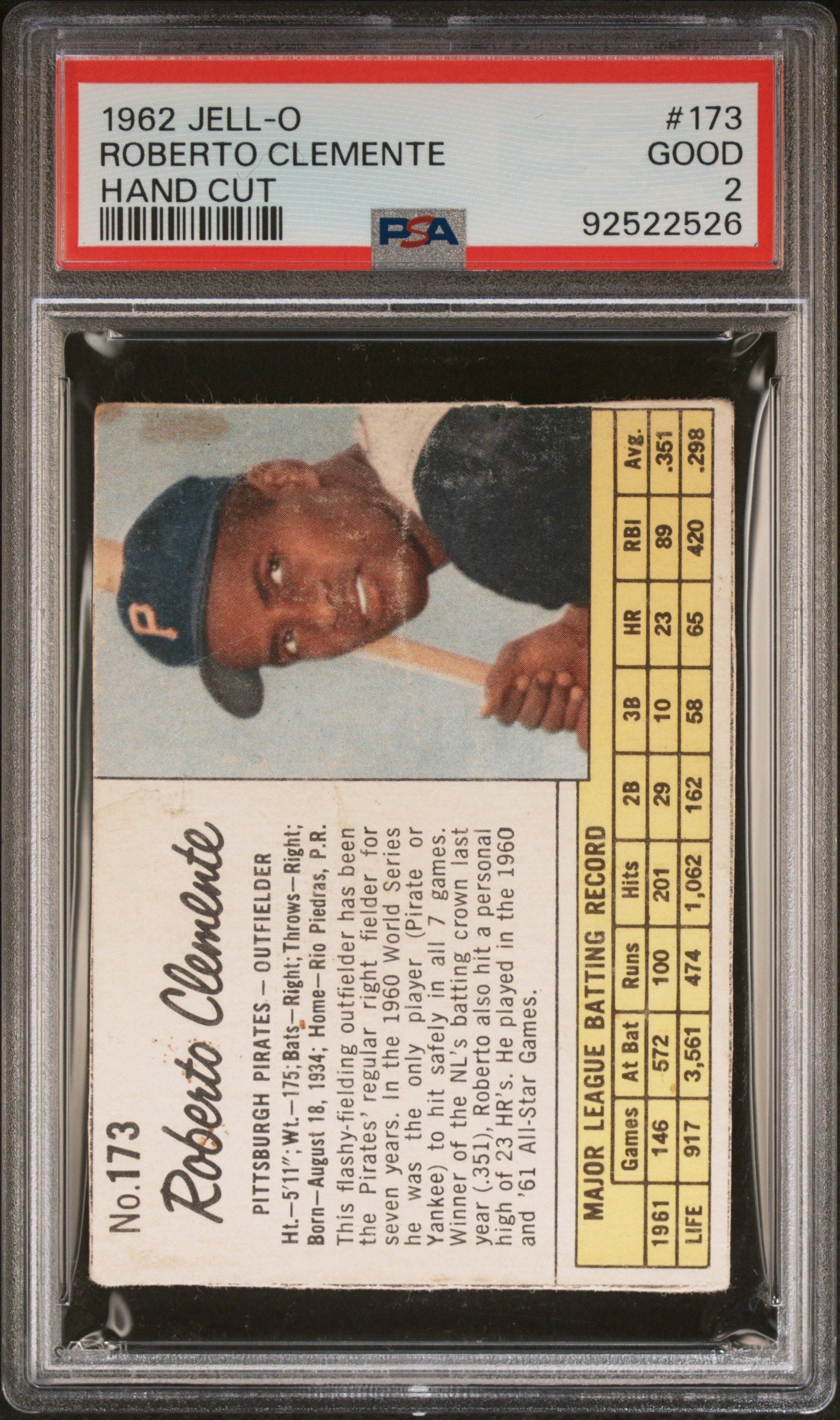 1962 ROBERTO CLEMENTE JELL-O HAND CUT #173 PSA 2