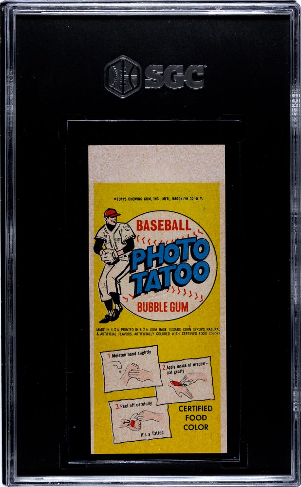 1964 TOPPS MICKEY MANTLE PHOTO TATOOS RED TRIANGLE, YELLOW BACKGROUND SGC 6