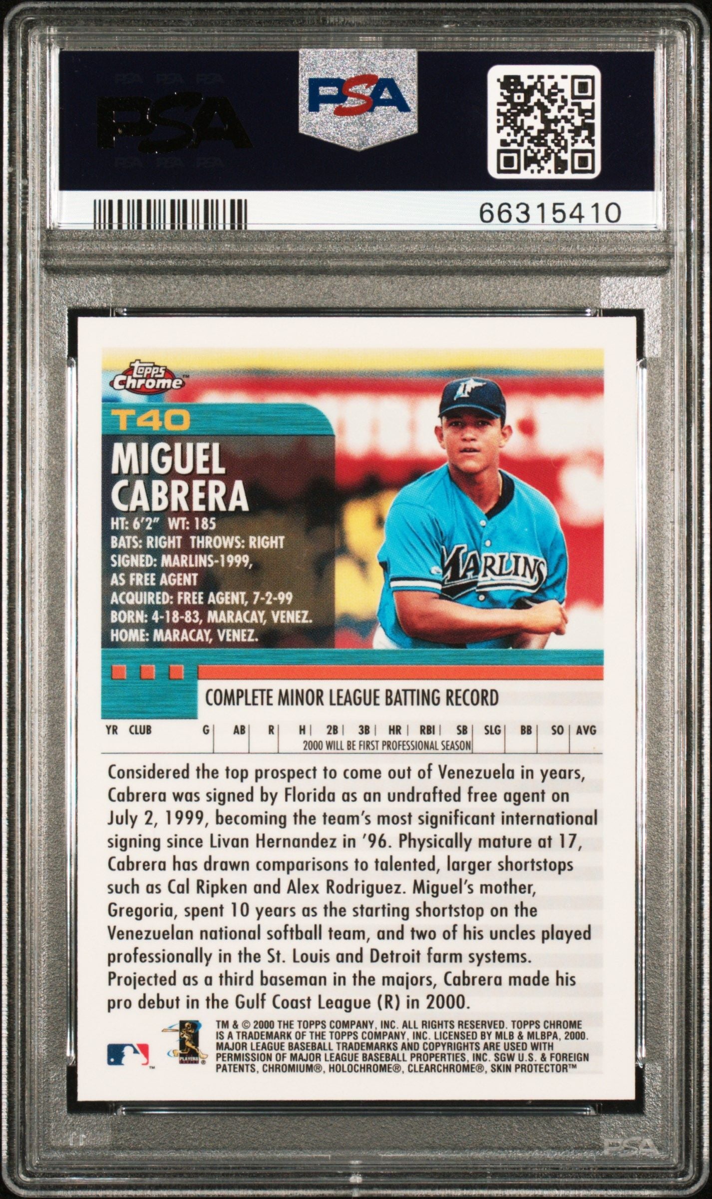 2000 TOPPS MIGUEL CABRERA CHROME TRADED #T40 PSA 9