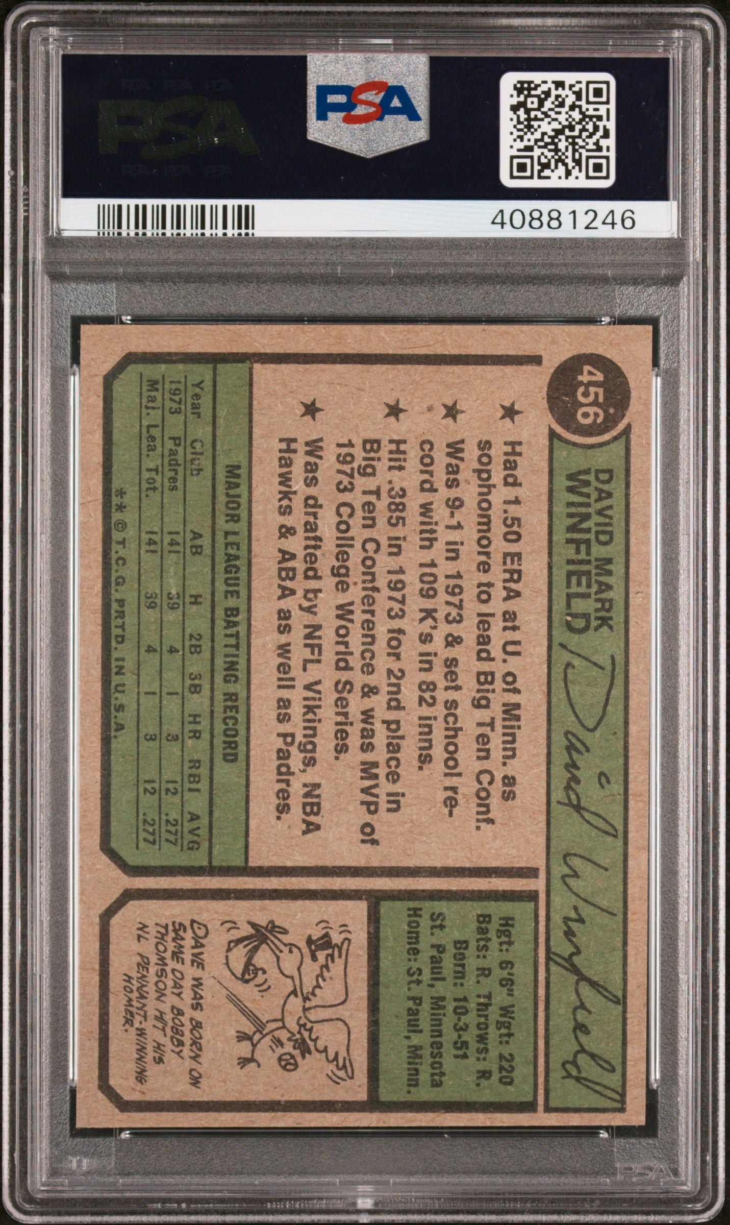 1974 TOPPS DAVE WINFIELD #456 PSA 9