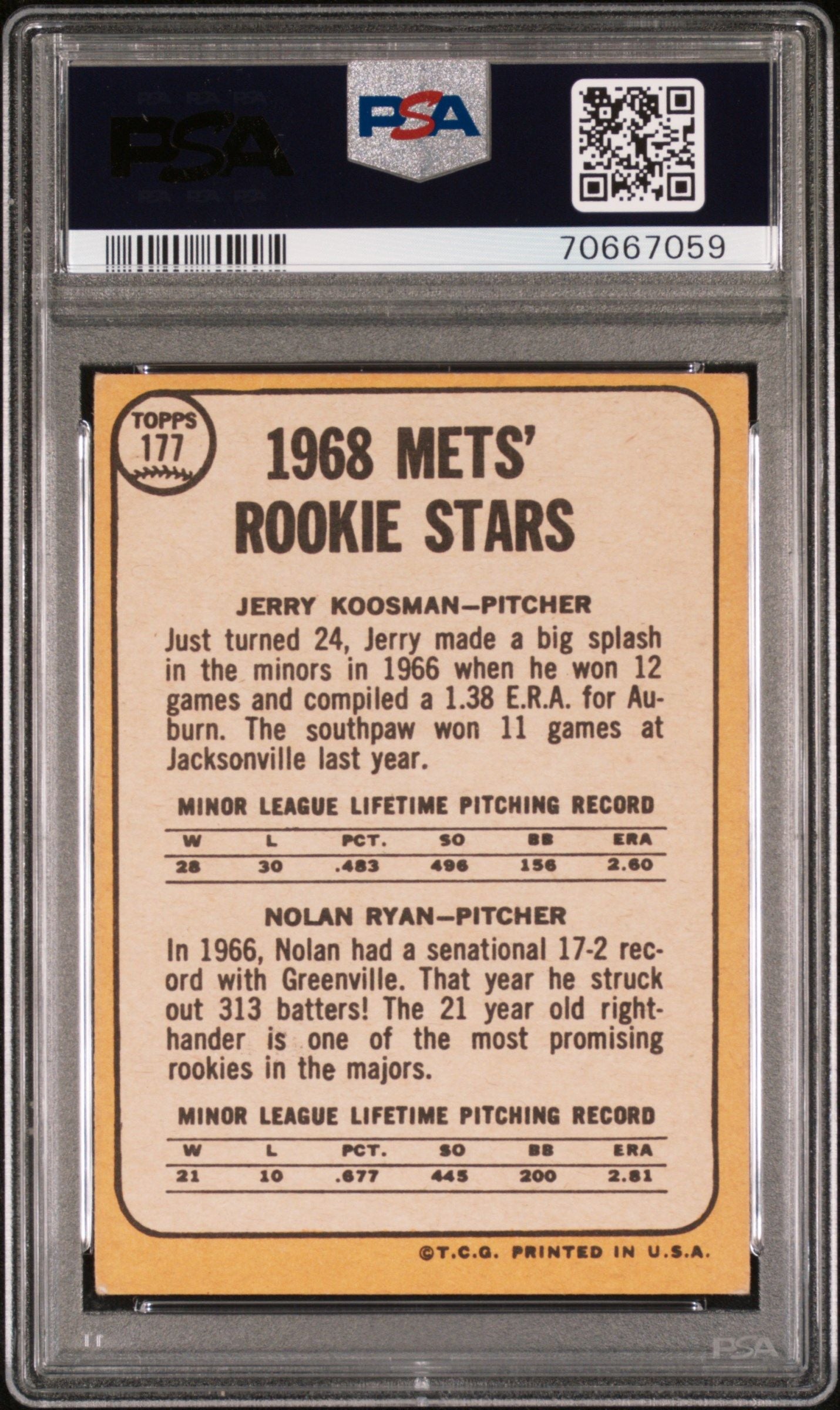 1968 TOPPS METS ROOKIES J.KOOSMAN/N.RYAN #177 PSA 4