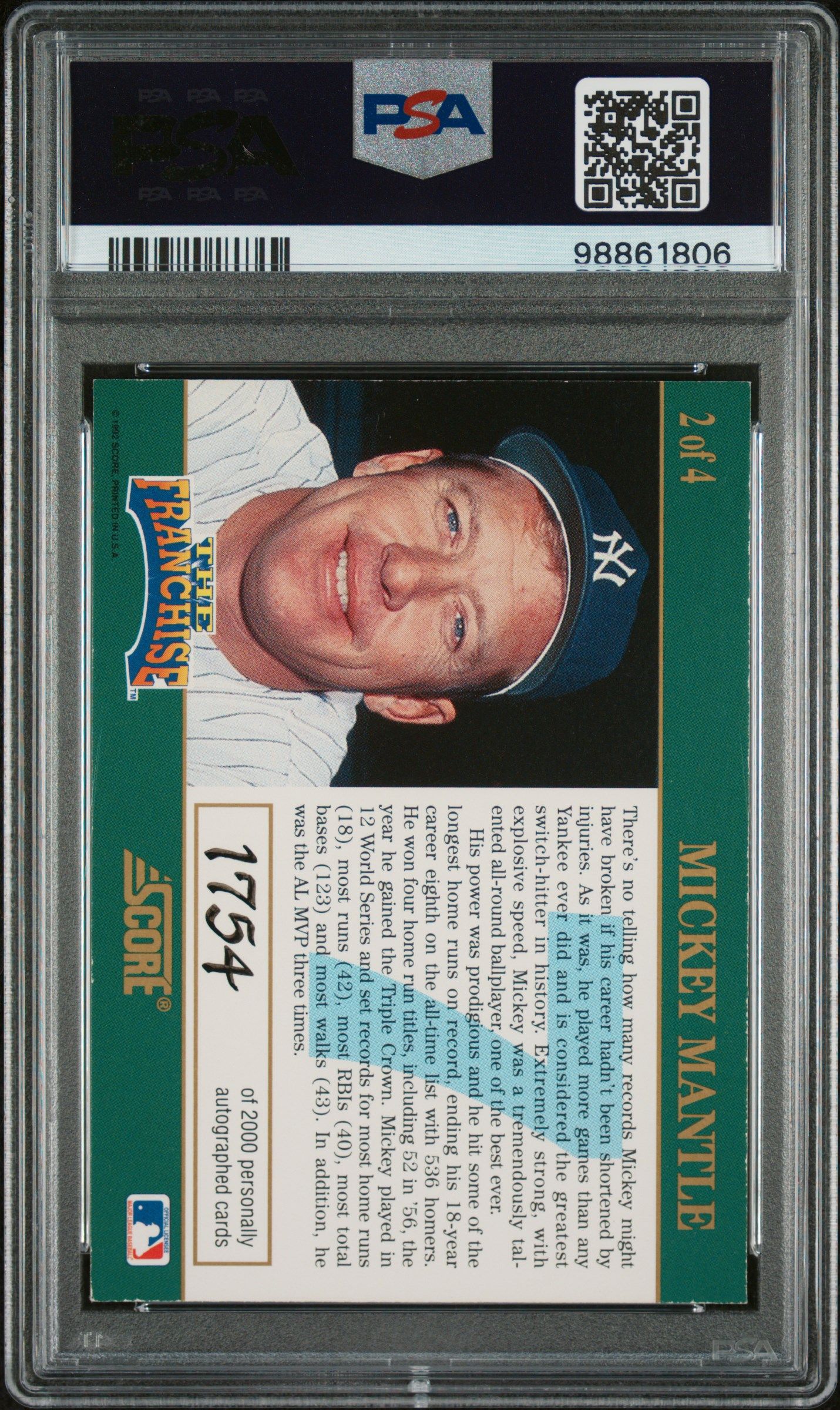 1992 SCORE MICKEY MANTLE THE FRANCHISE AUTOGRAPH #2 PSA 7 AUTO 9