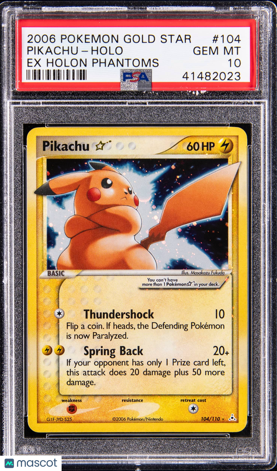 2006 Pokemon Gold Star Pikachu Holo EX Holon Phantoms PSA 10 #104