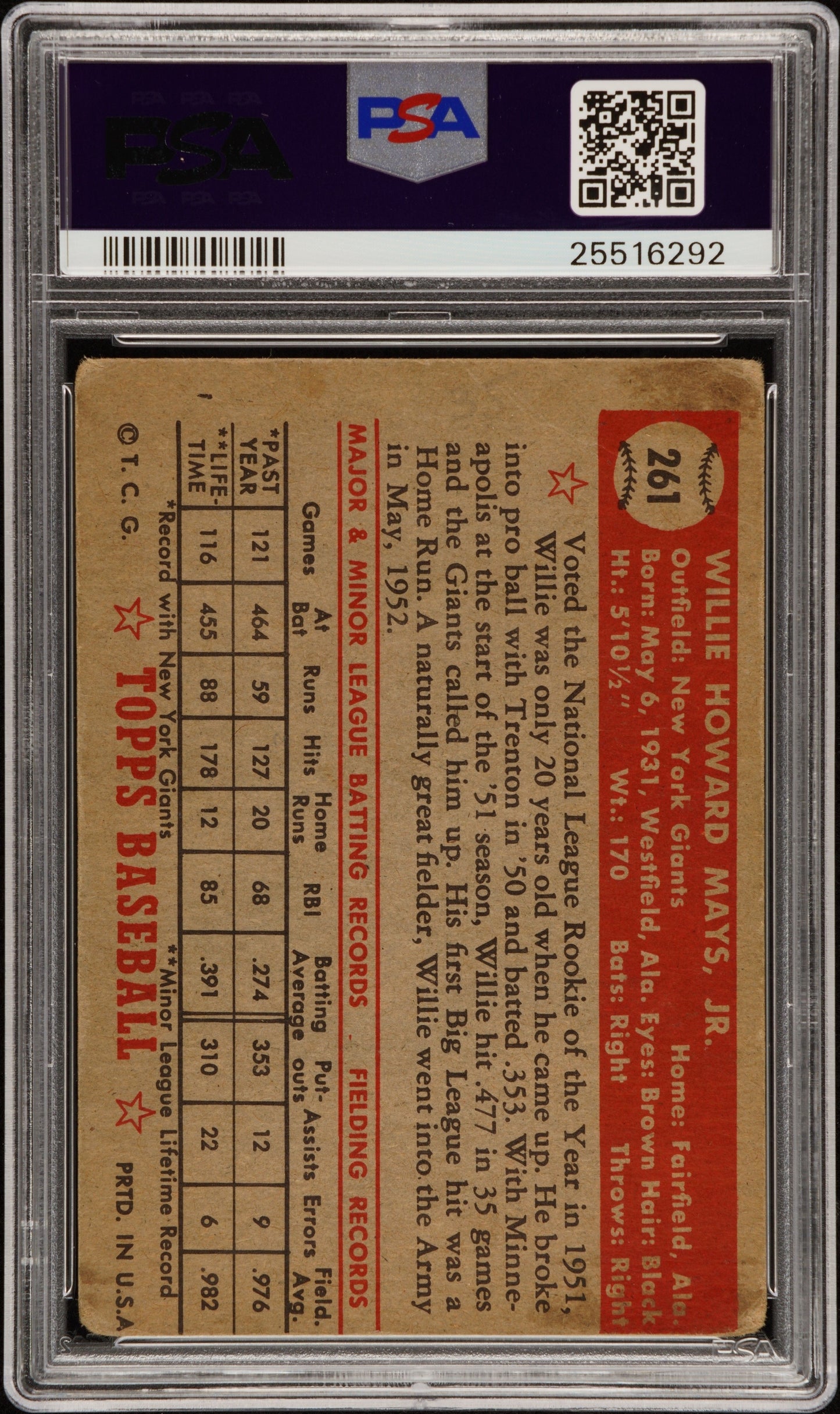 1952 TOPPS WILLIE MAYS #261 PSA 2 AUTO 10