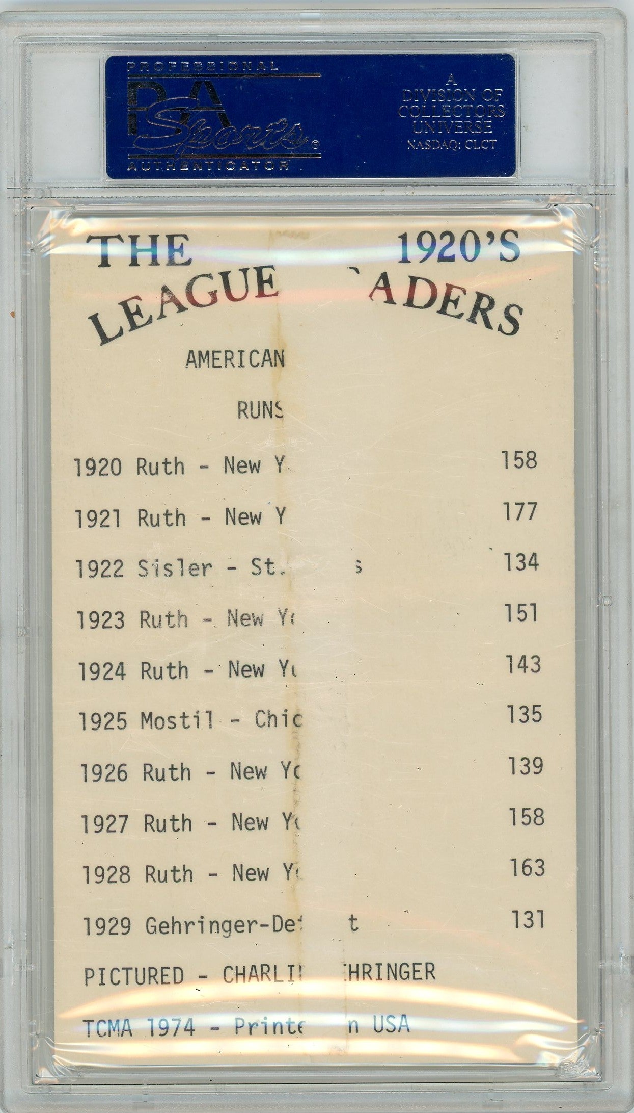 1973-1978 TCMA League Leaders Charlie Gehringer PSA A Auto A