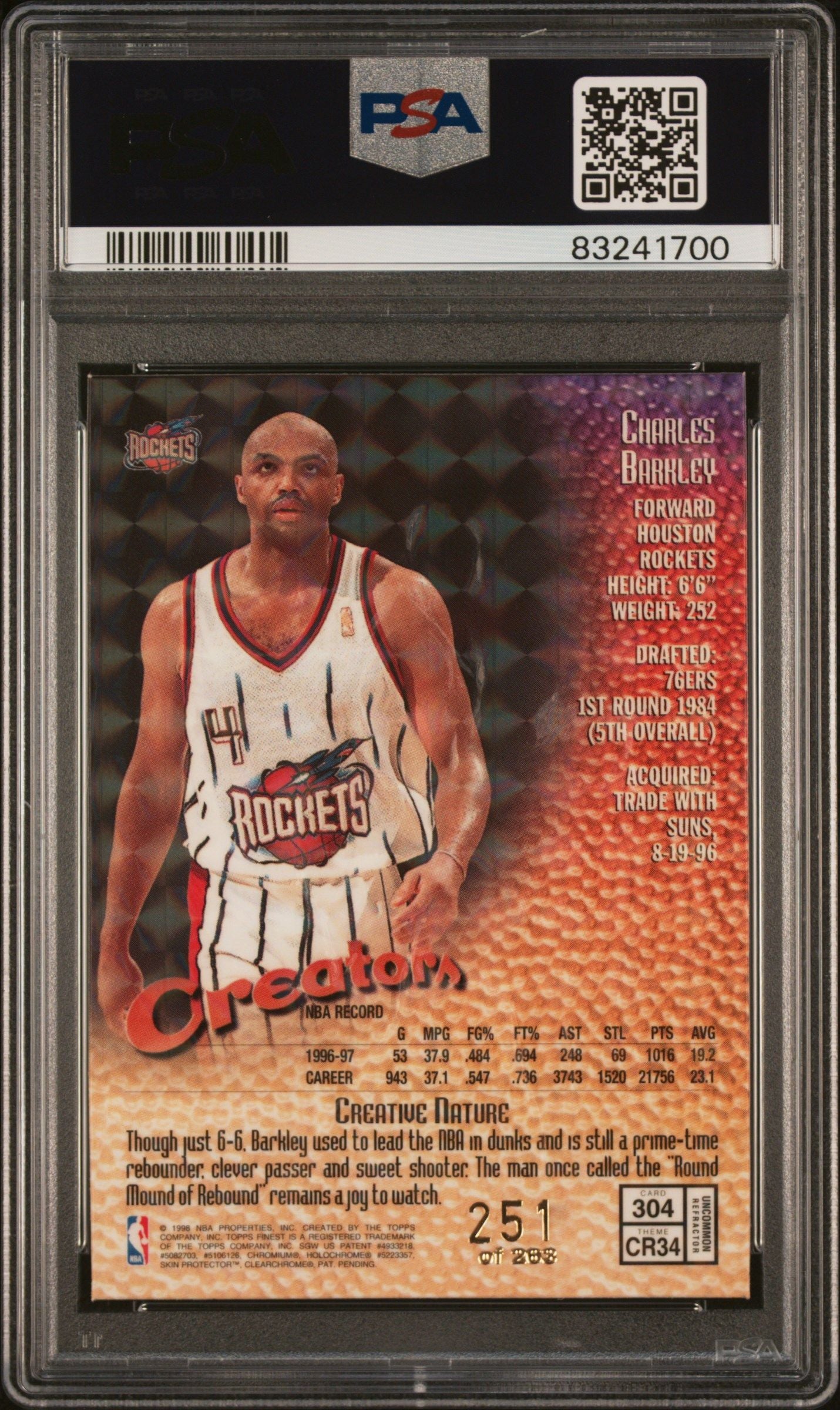 1997 CHARLES BARKLEY FINEST EMBOSSED EMBOSSED-REFRACTOR #304 PSA 8