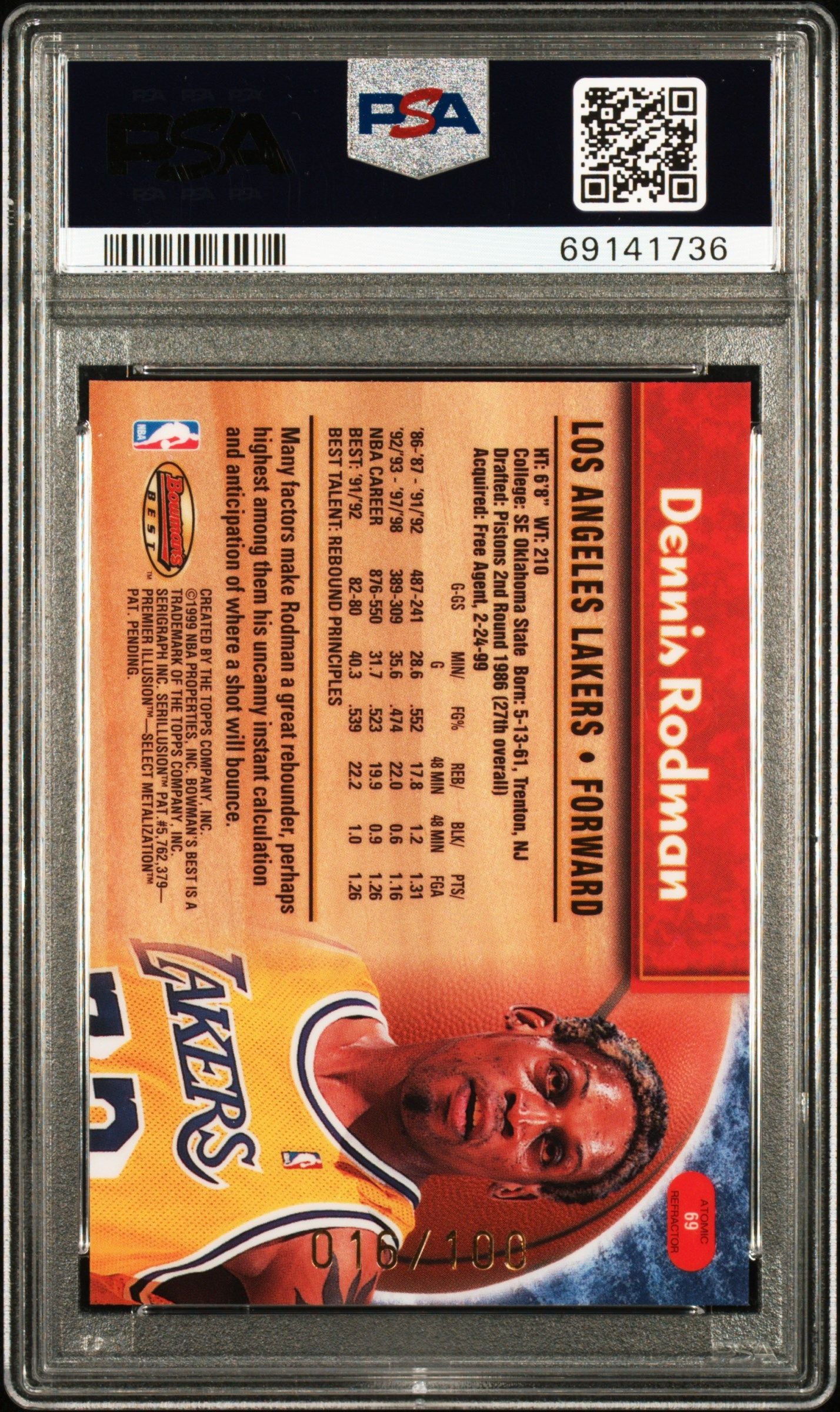 1998 BEST DENNIS RODMAN BOWMAN'S ATOMIC REFRACTOR #69 PSA 10