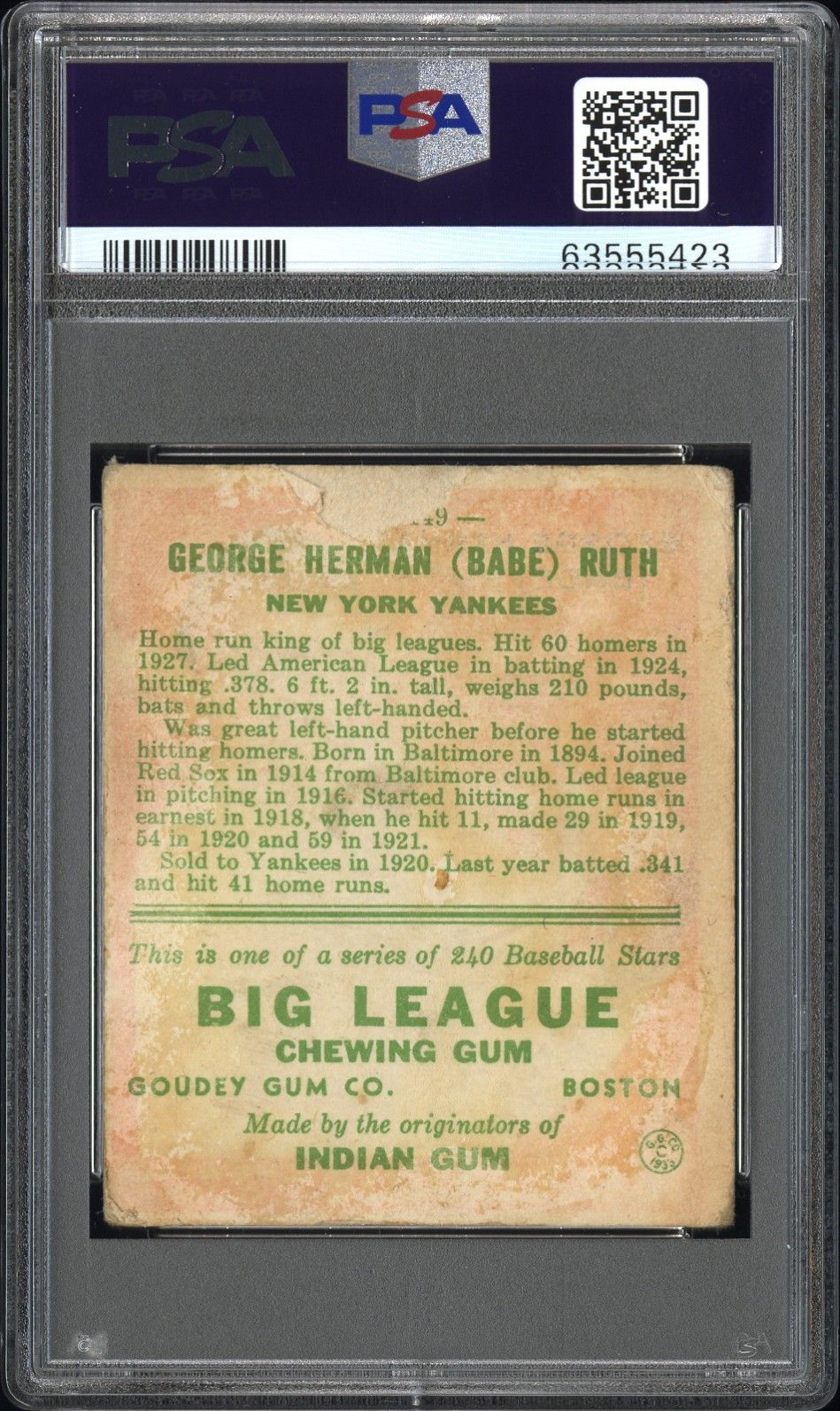 1933 GOUDEY BABE RUTH #149 PSA 1.5