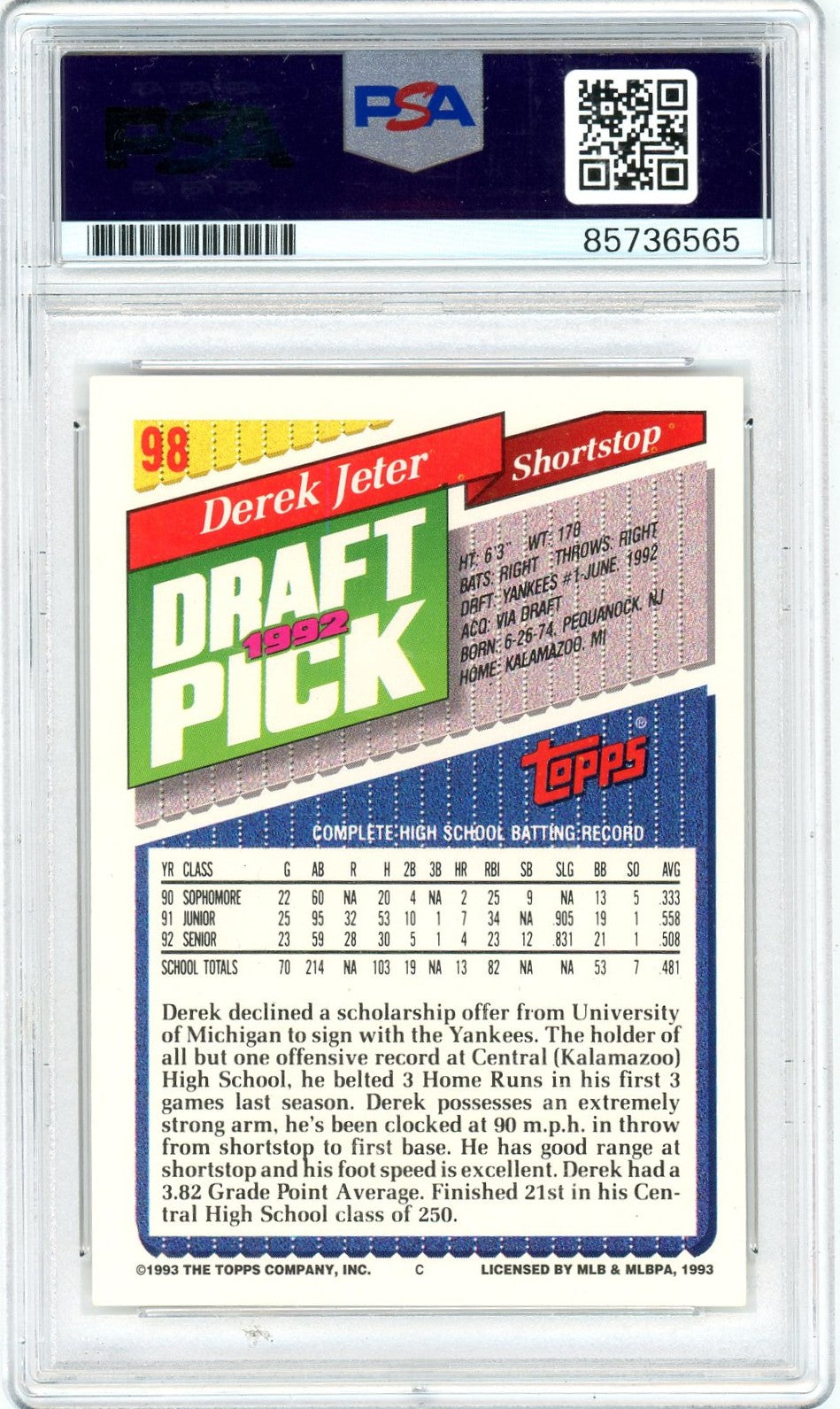 1993 Derek Jeter PSA A Auto 10