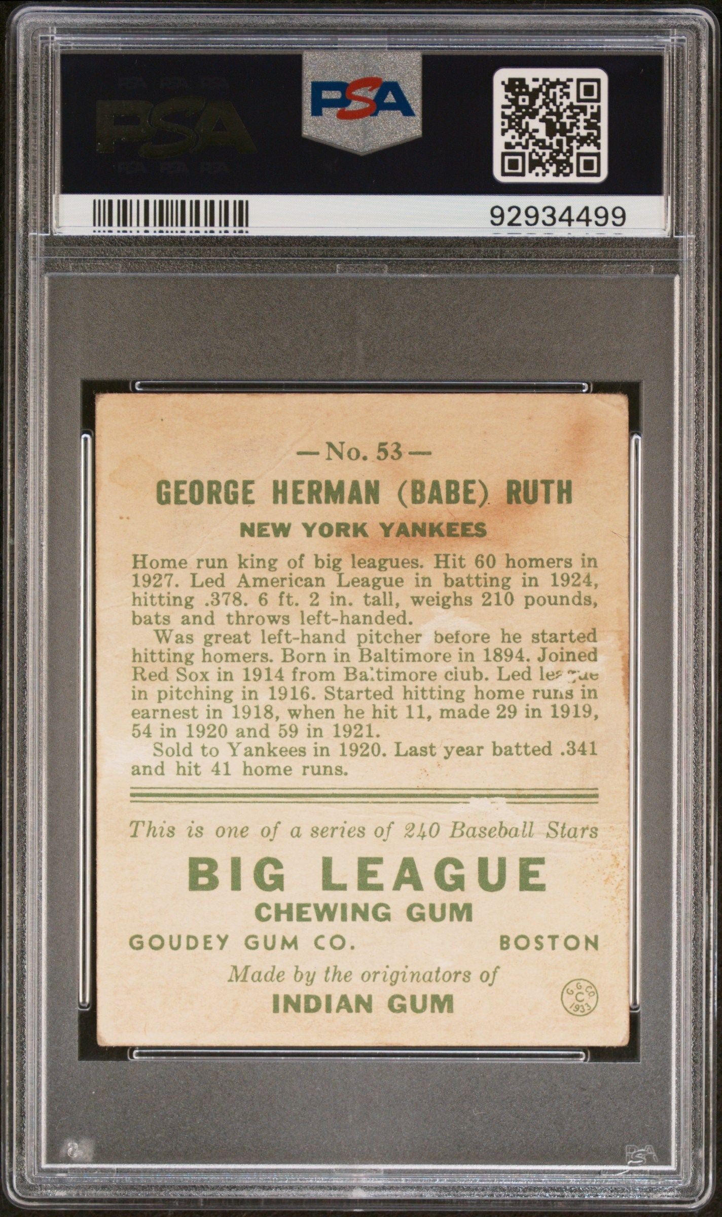 1933 GOUDEY BABE RUTH #53 PSA 1