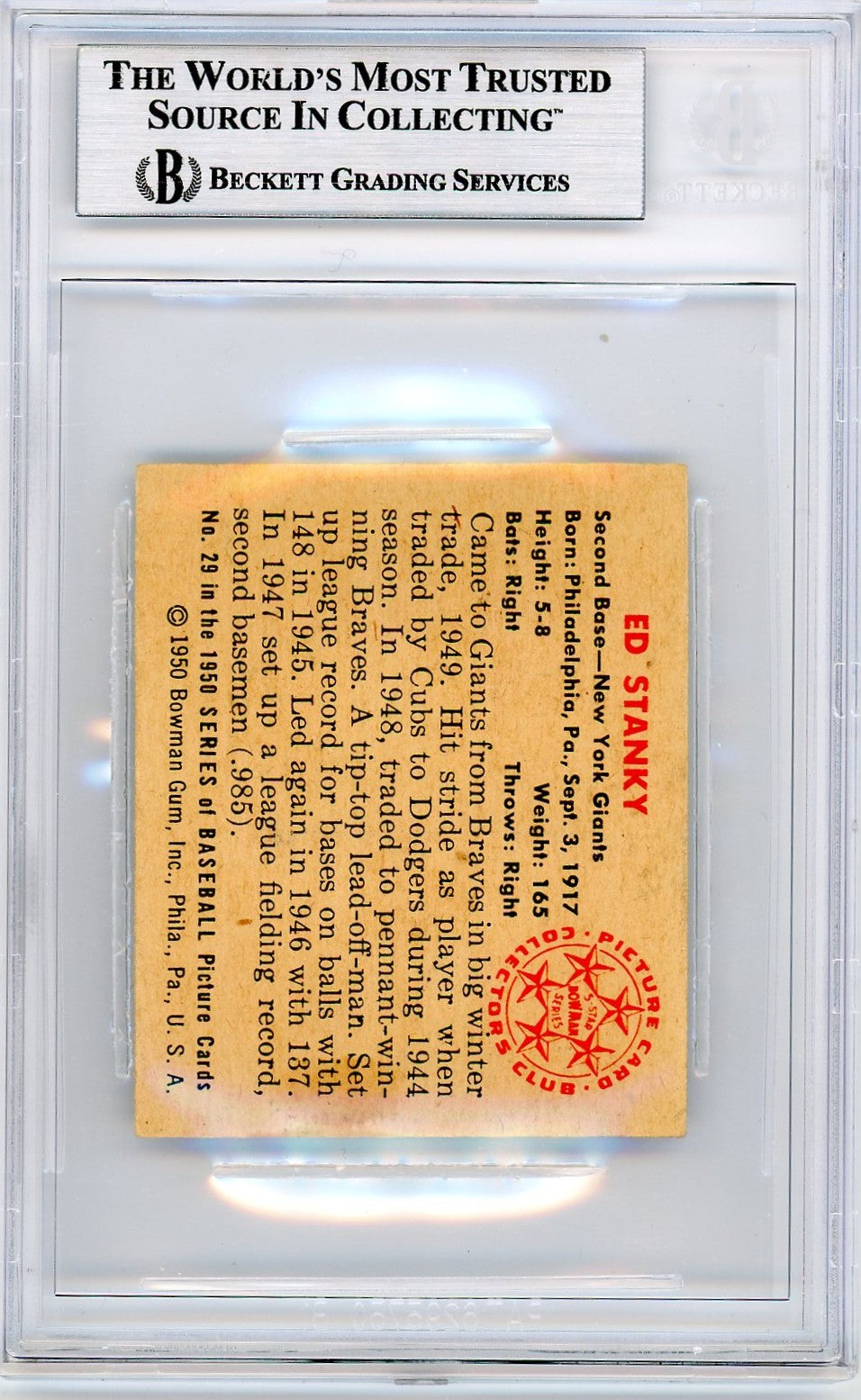 1950 Bowman Eddie Stanky #29 BVG 6.5