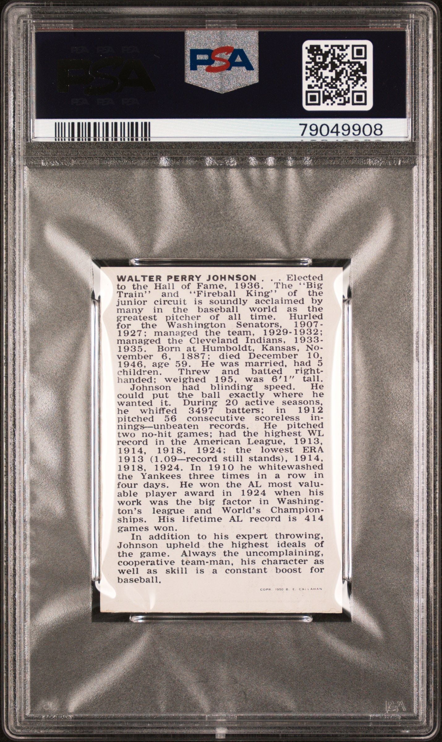 1950 WALTER JOHNSON CALLAHAN HALL OF FAME PSA 8