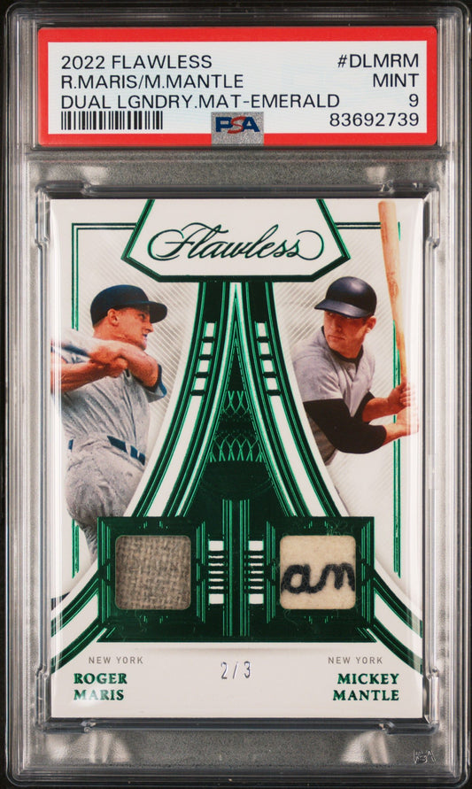 2022 PANINI R.MARIS/M.MANTLE FLAWLESS DUAL LEGENDARY MATERIALS DUAL LGNDRY.MAT-EMERALD #DLMRM PSA 9