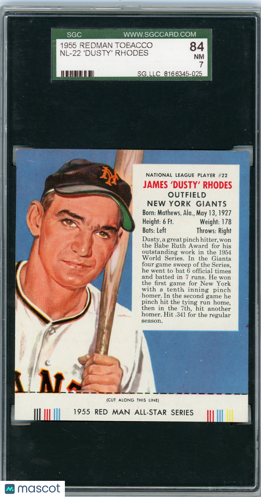 1955 Redman Tobacco 'dusty' Rhodes #NL-22 SGC 7