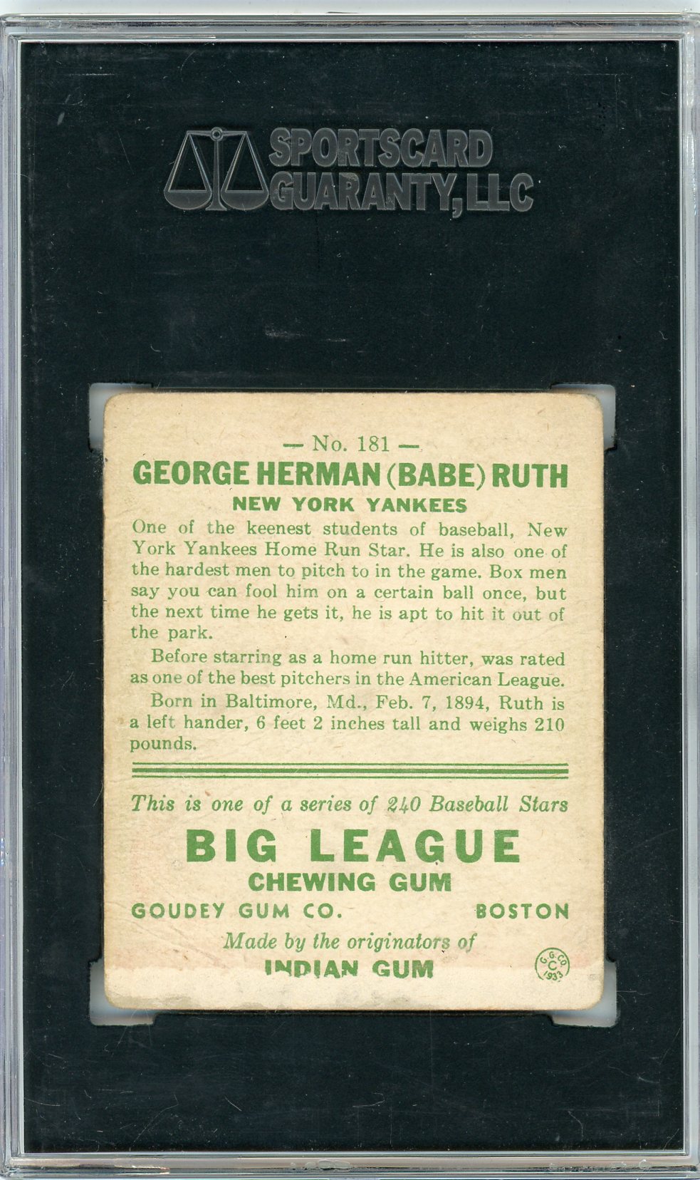 1933 Goudey Babe Ruth #181 SGC 1