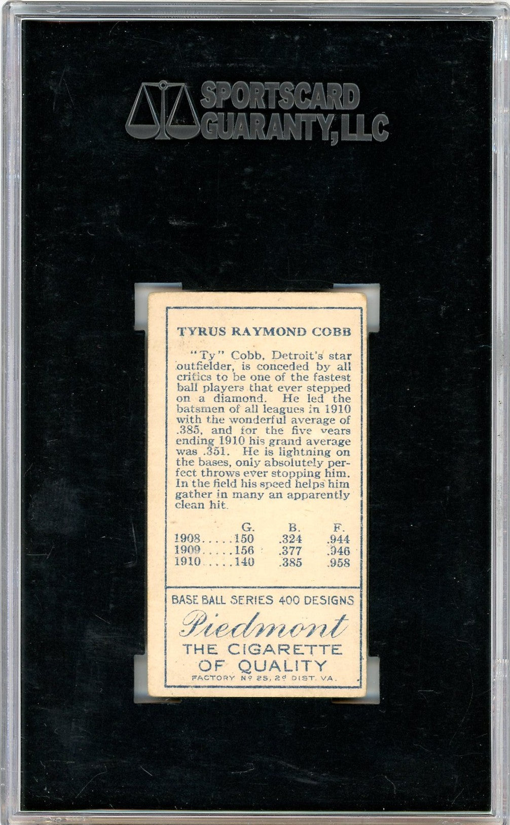 1911 Piedmont Cigarettes (T205) Ty Cobb SGC 3