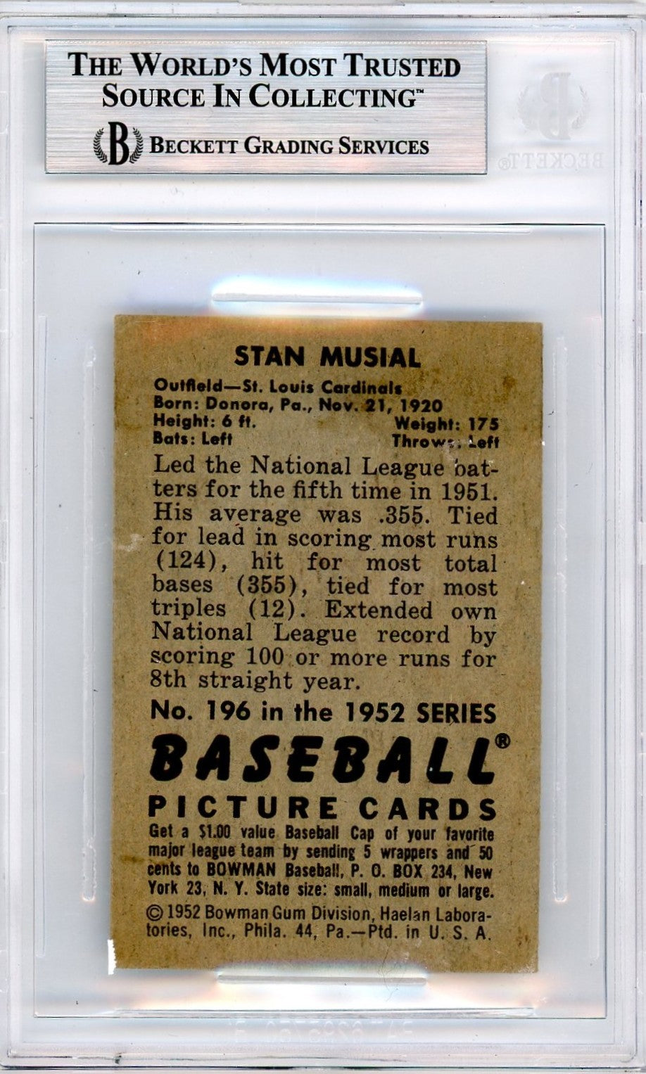 1952 Bowman Stan Musial #196 BVG 5.5