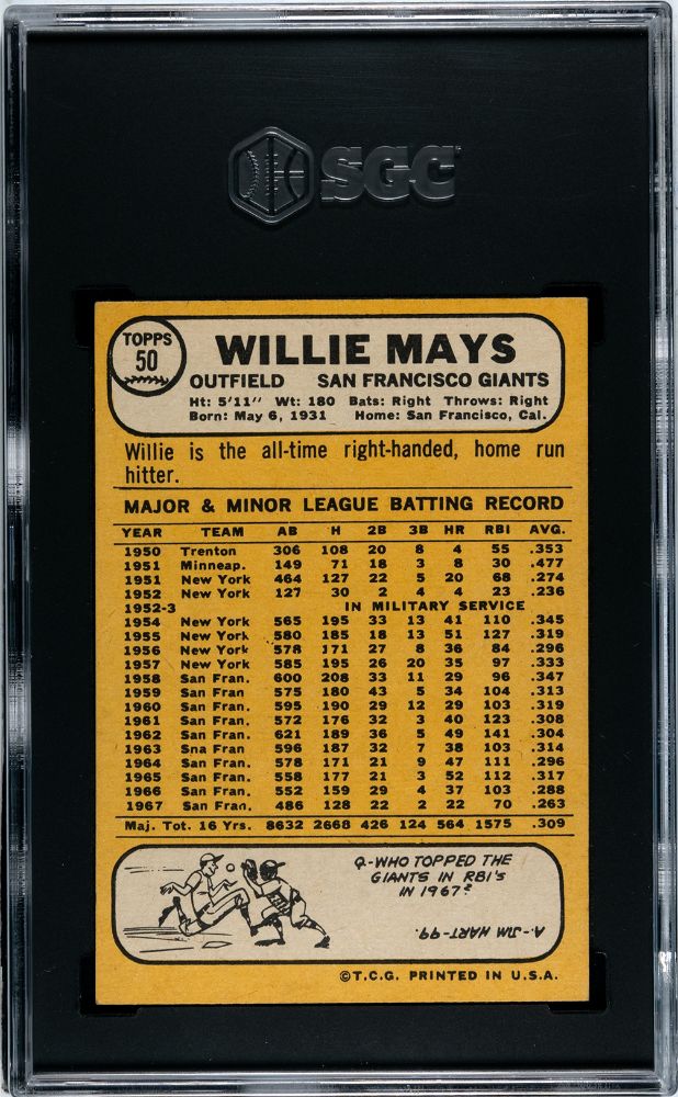 1968 TOPPS WILLIE MAYS #50 SGC 7