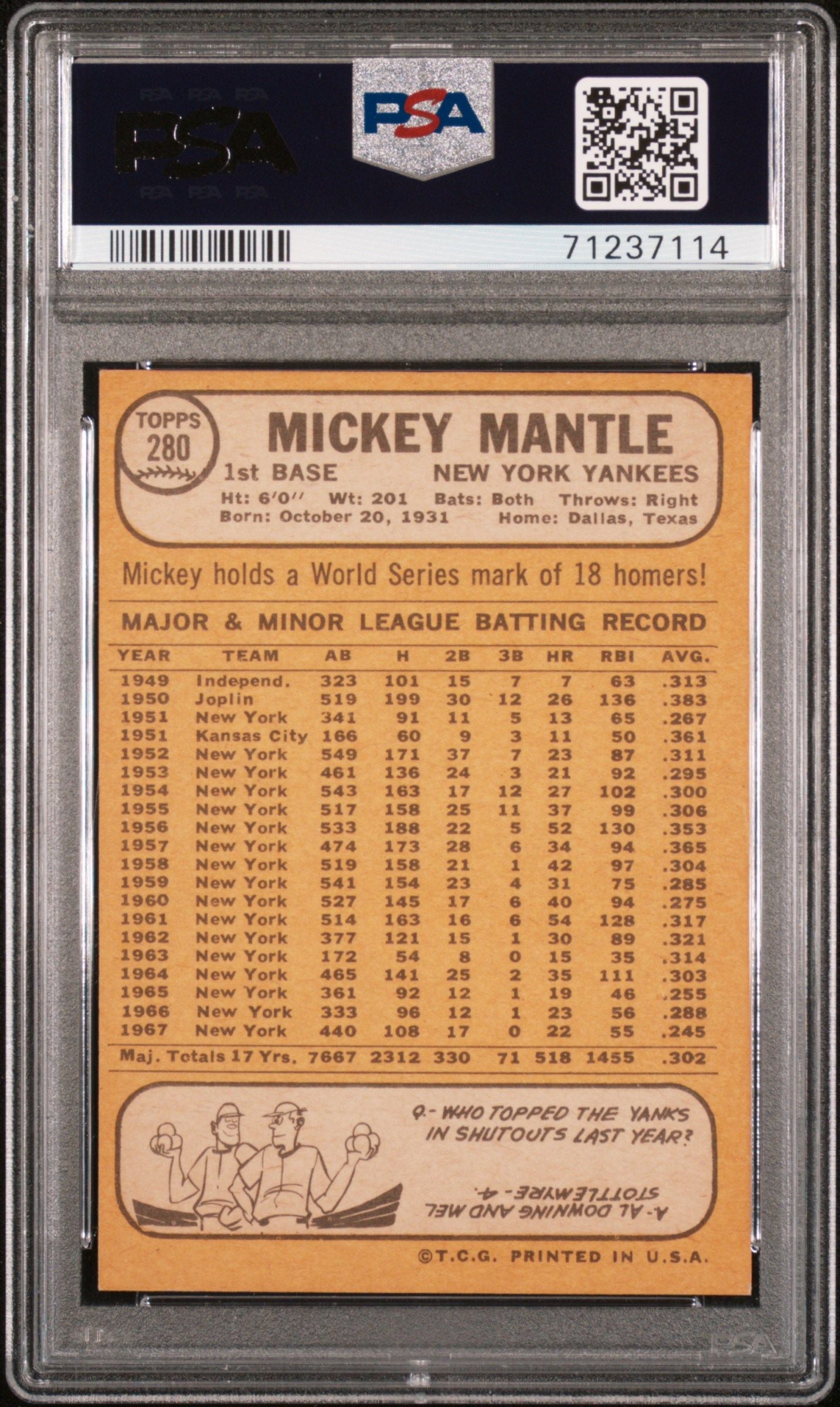 1968 TOPPS MICKEY MANTLE #280 PSA 8