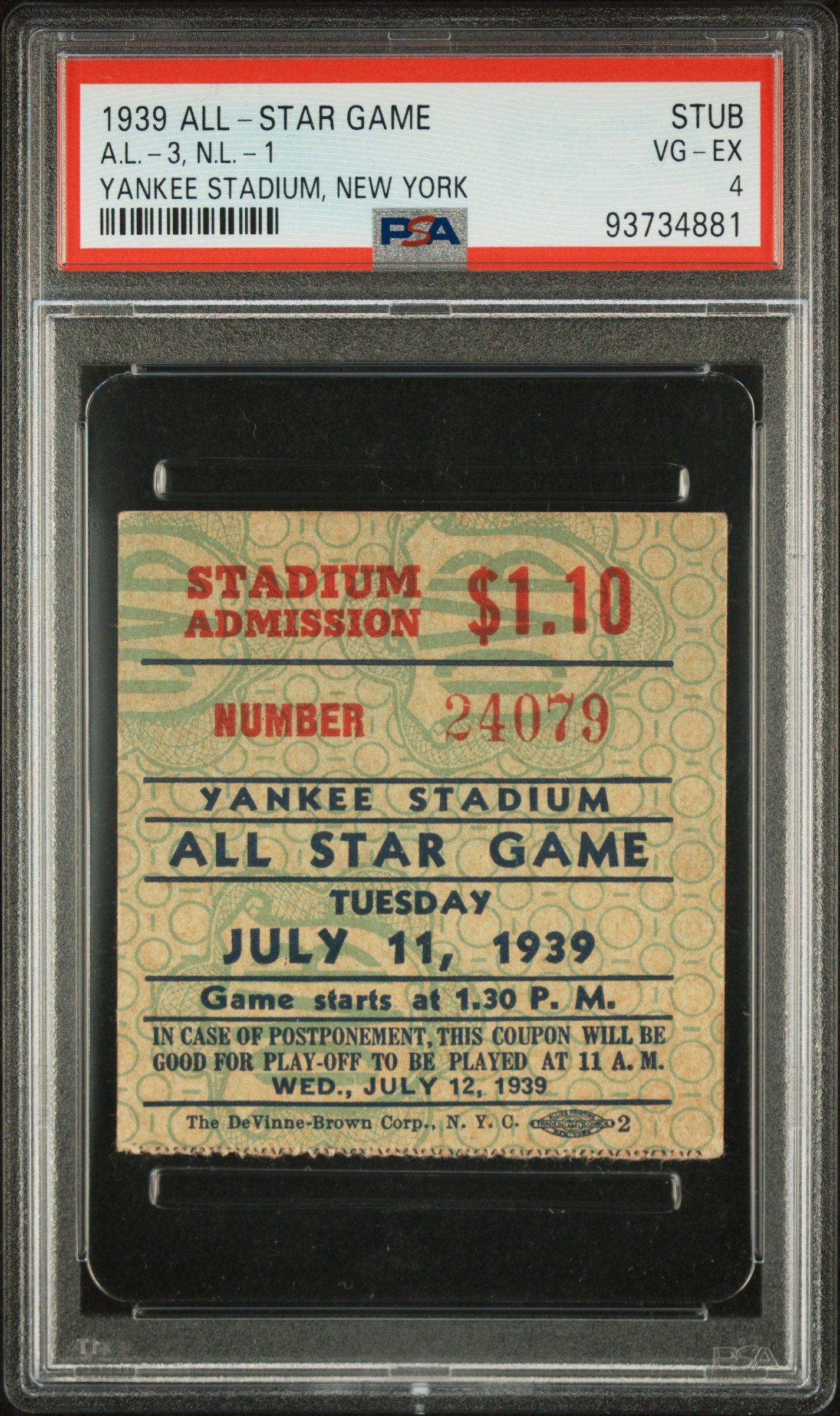 1939 STAR A.L.-3, N.L.-1 ALL- GAME-STUB YANKEE STADIUM, NEW YORK #STUB PSA 4