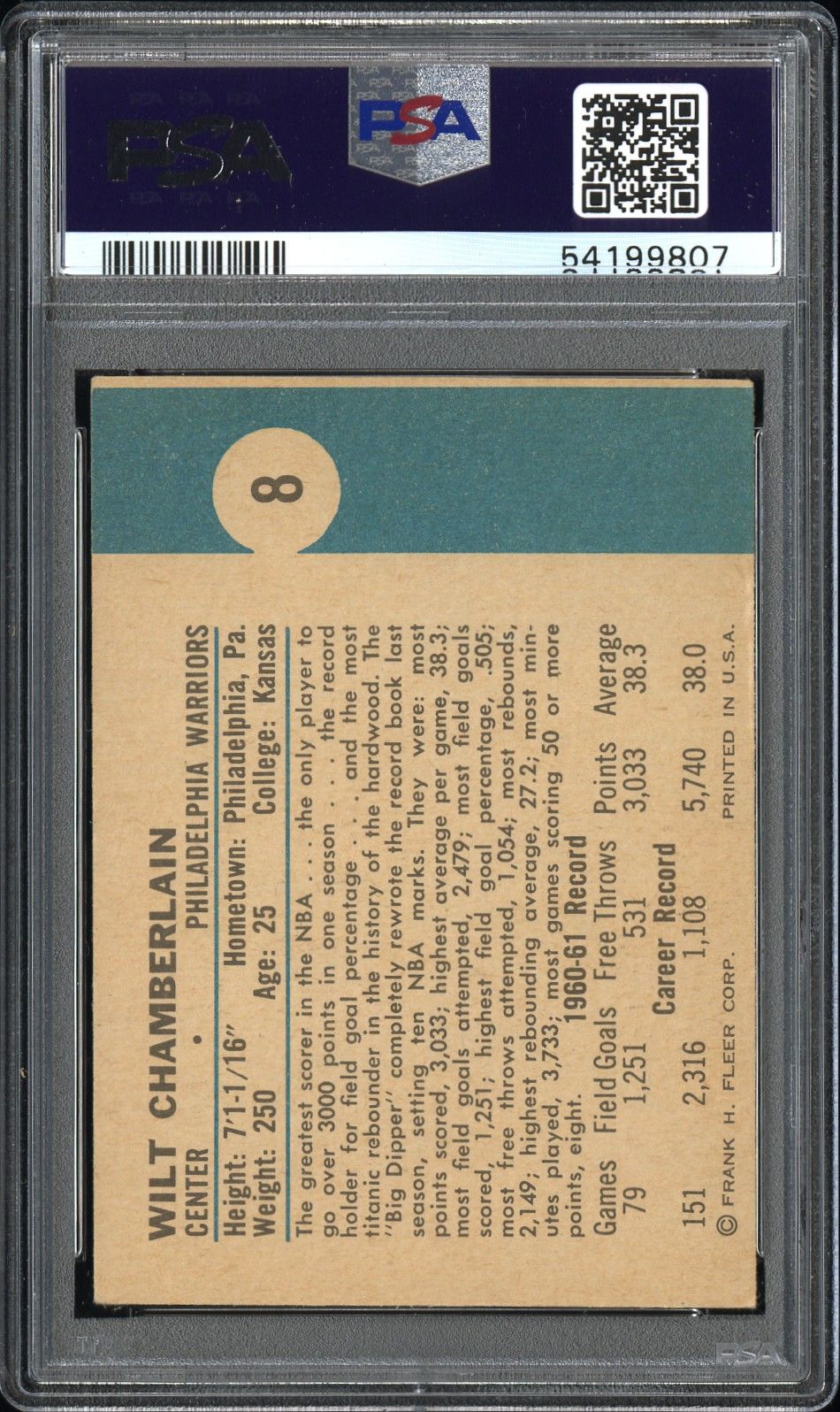 1961 FLEER WILT CHAMBERLAIN #8 PSA 4