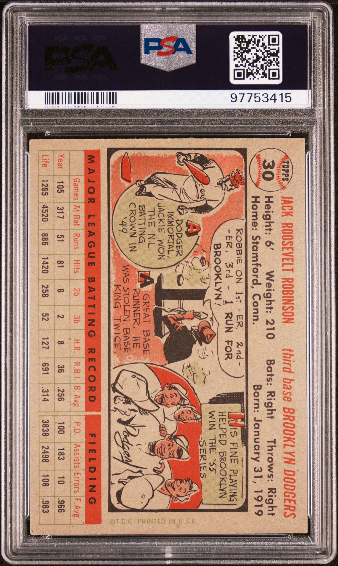 1956 TOPPS JACKIE ROBINSON GRAY BACK #30 PSA 6