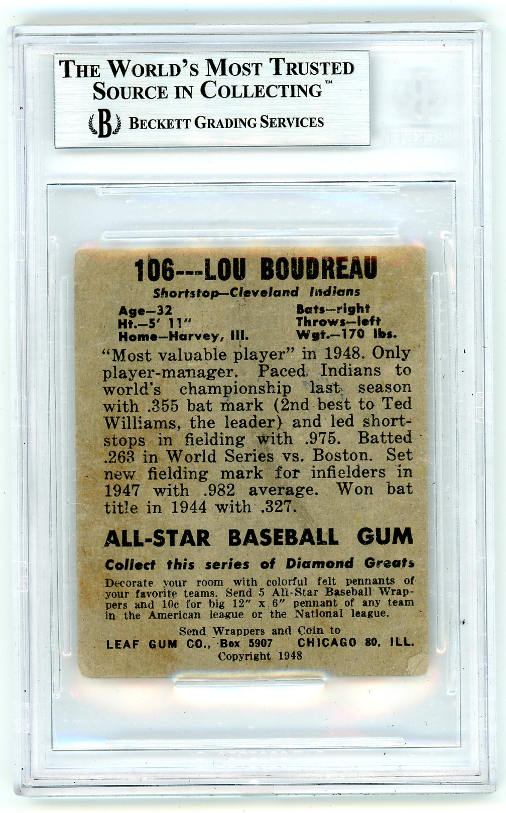 1949 Leaf Lou Boudreau MG #106 Rookie BVG Authentic BAS Auto Authentic