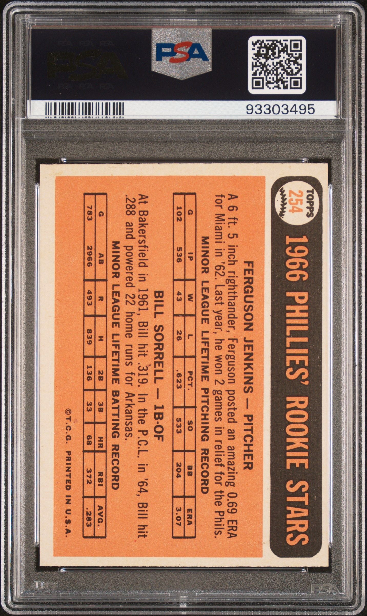 1966 TOPPS PHILLIES ROOKIES F.JENKINS/B.SORRELL #254 PSA 8