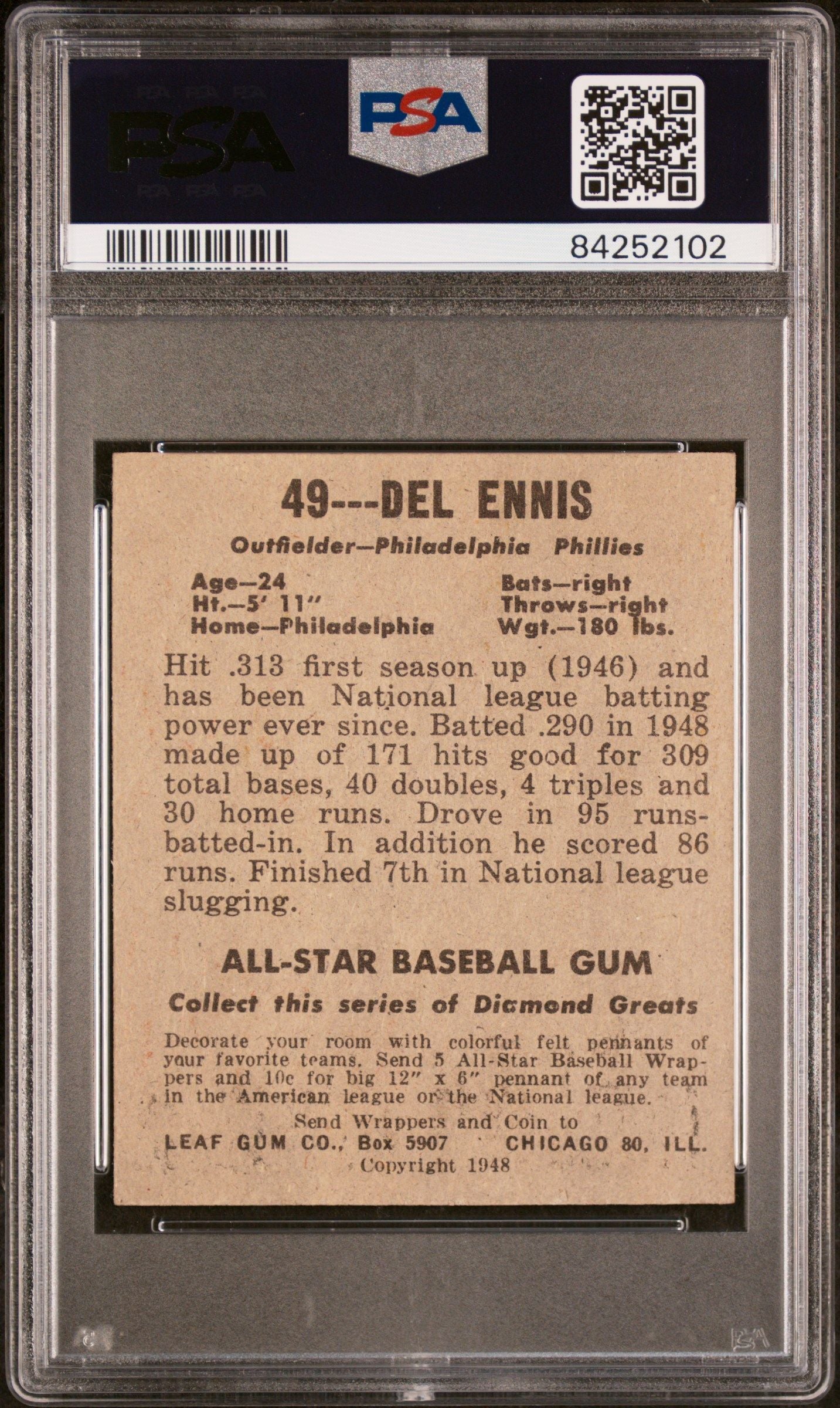 1948 LEAF DEL ENNIS #49 PSA 4