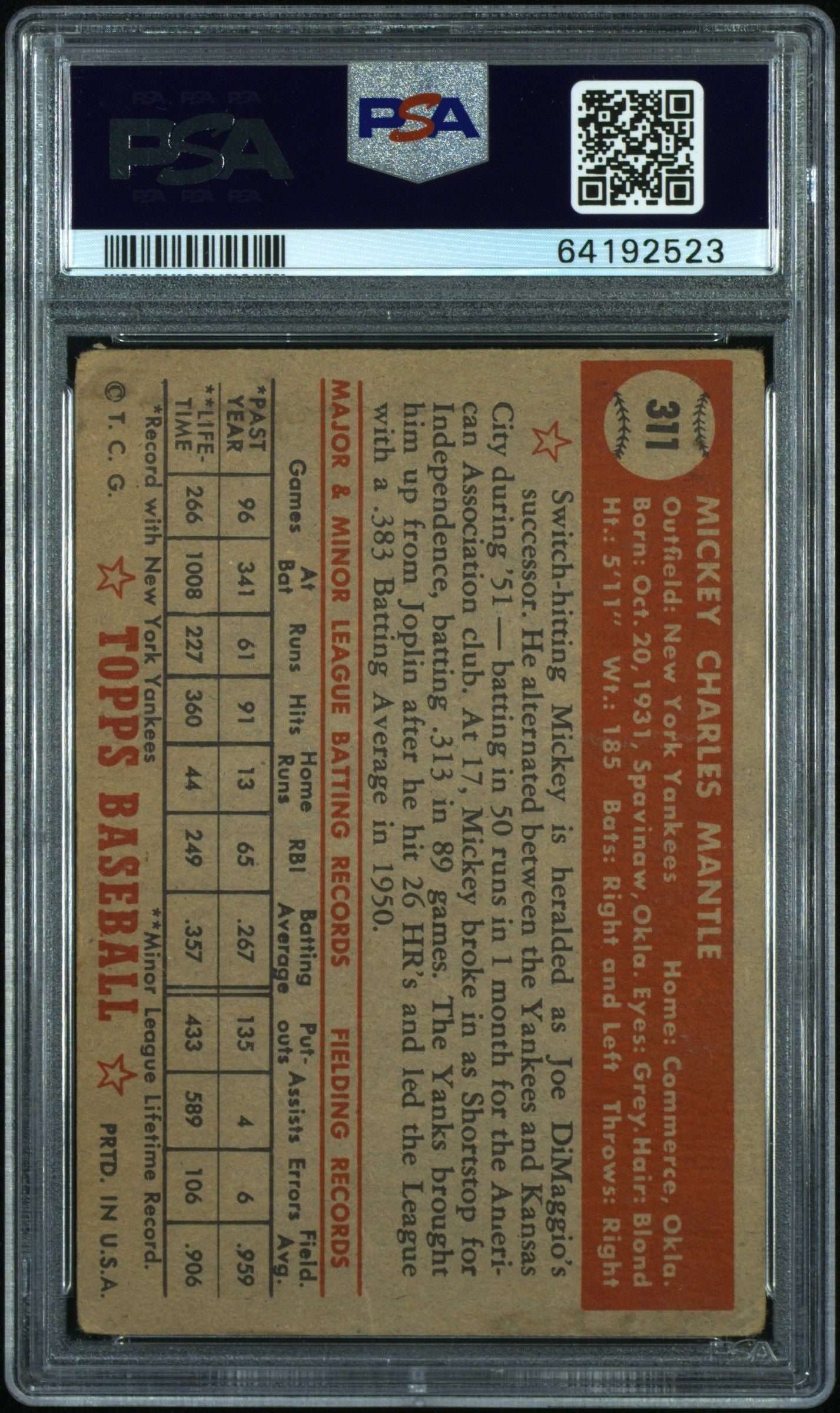 1952 TOPPS MICKEY MANTLE #311 PSA 1