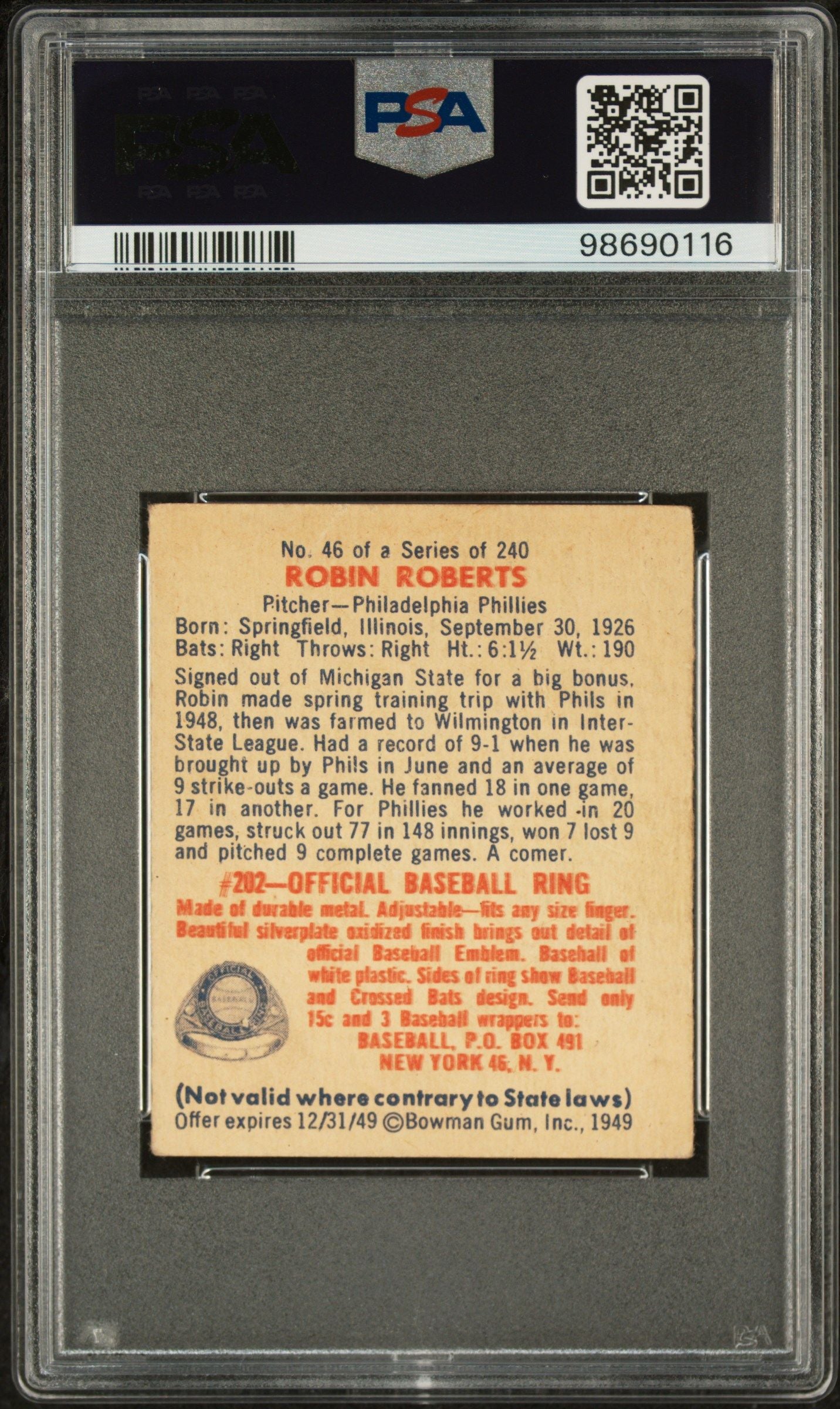 1949 BOWMAN ROBIN ROBERTS #46 PSA/DNA 2 AUTO 10