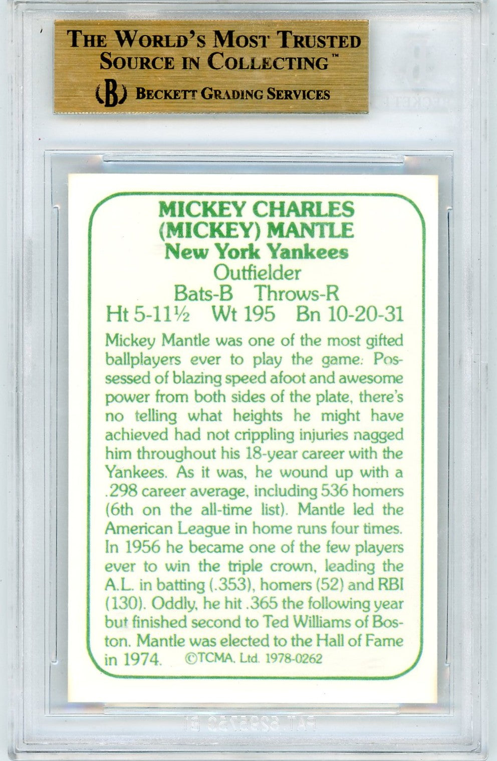 1978 TCMA 60'S I Mickey Mantle #262 BVG 9.5