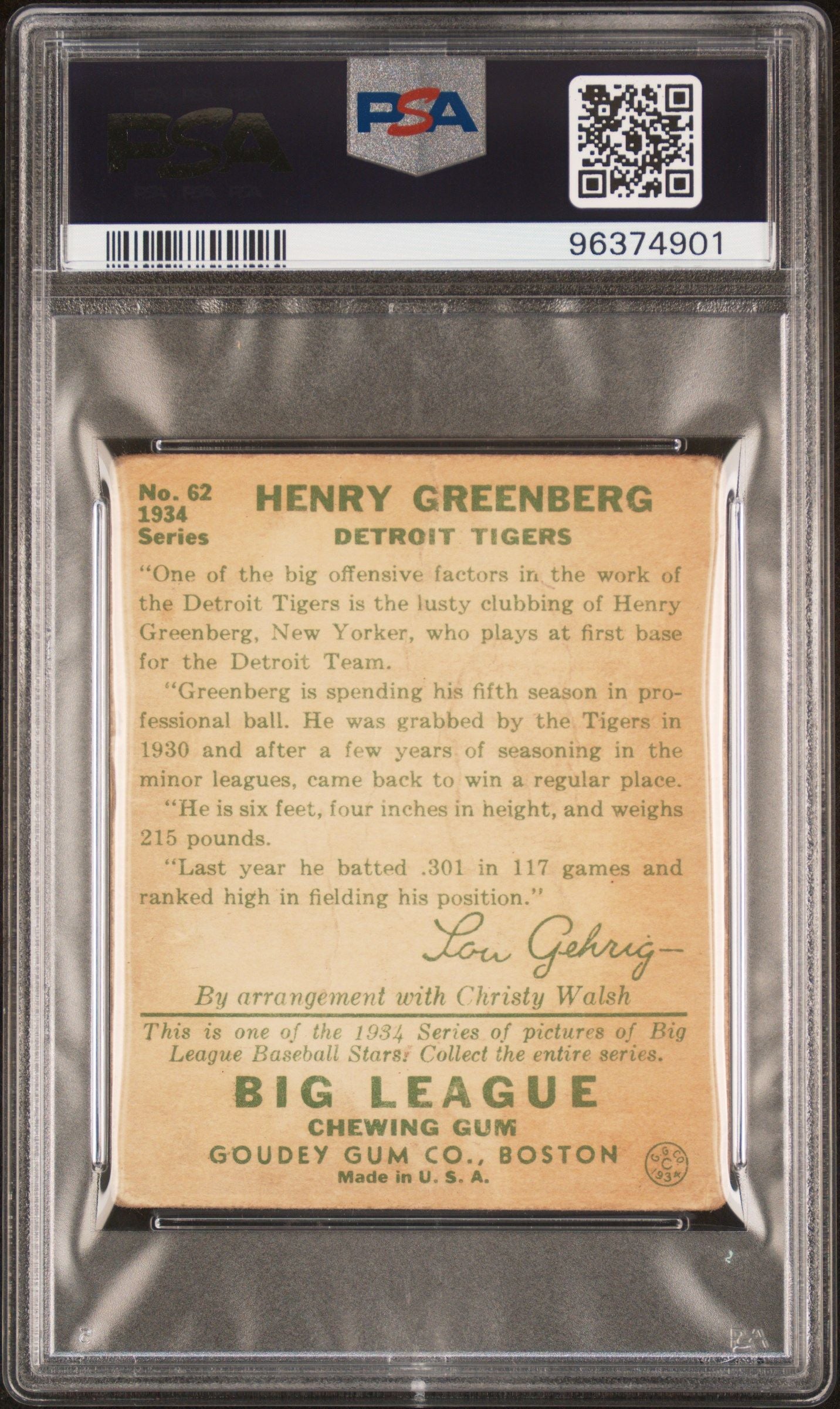 1934 GOUDEY HANK GREENBERG #62 PSA 1