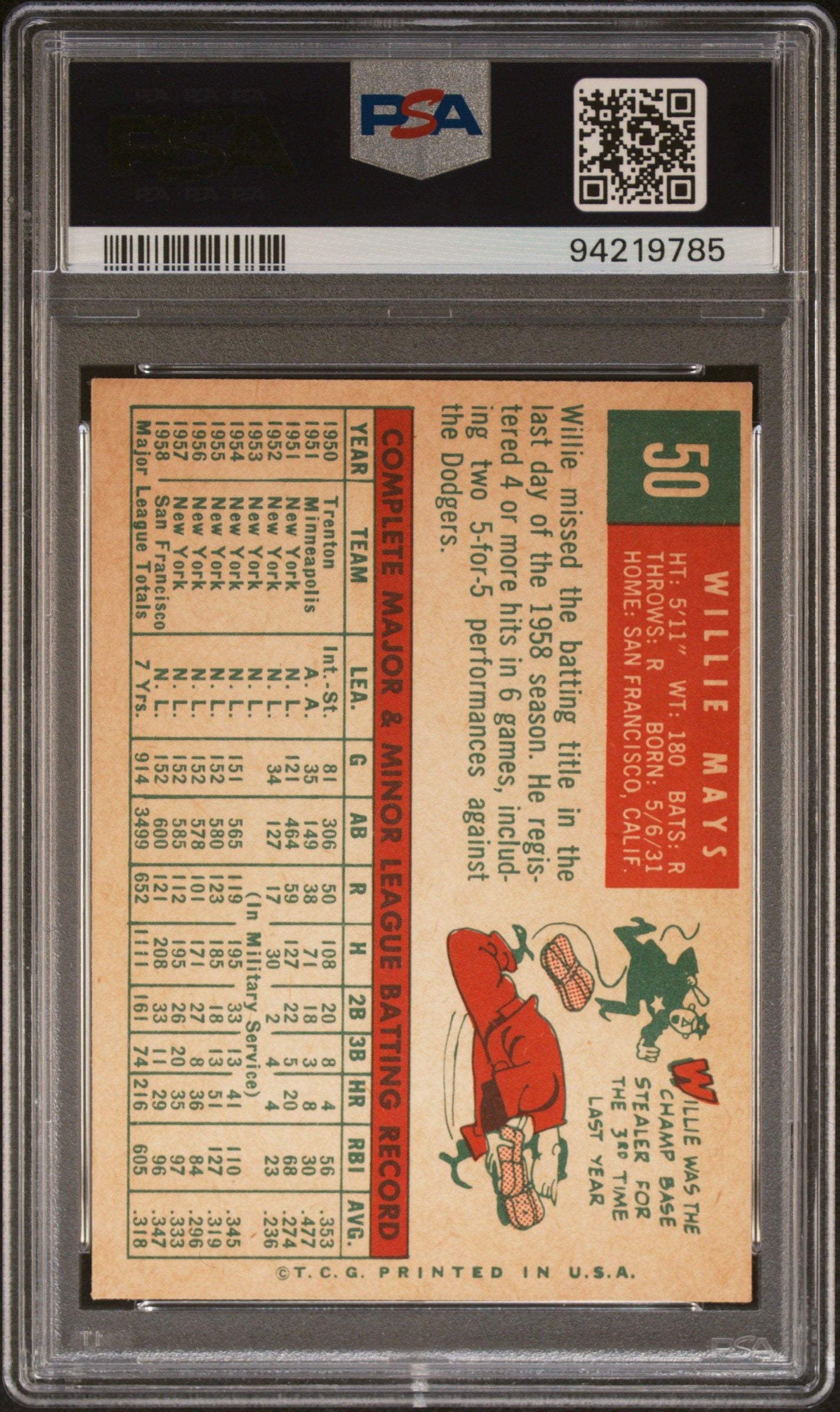 1959 TOPPS WILLIE MAYS #50 PSA 7