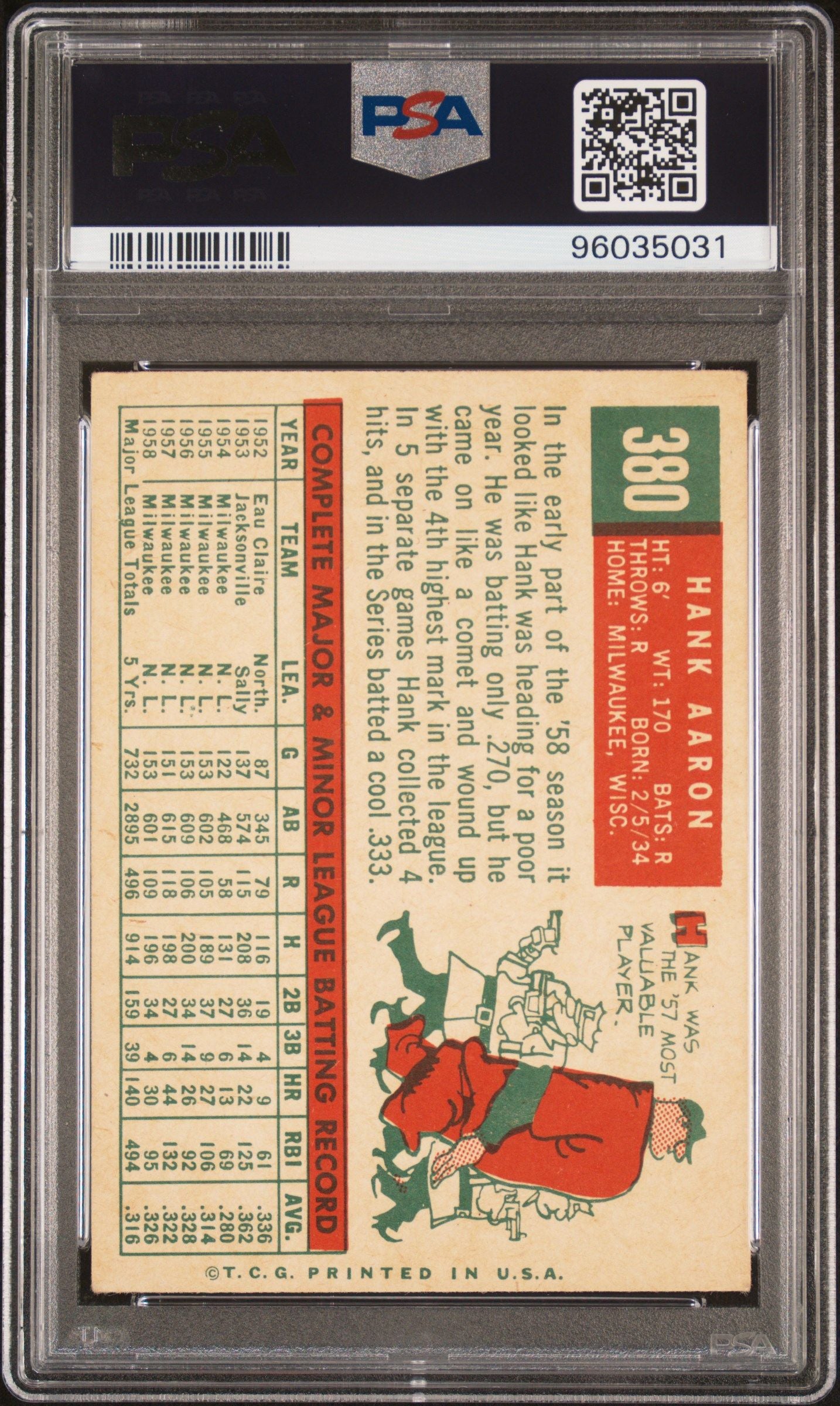 1959 TOPPS HANK AARON #380 PSA/DNA 3.5