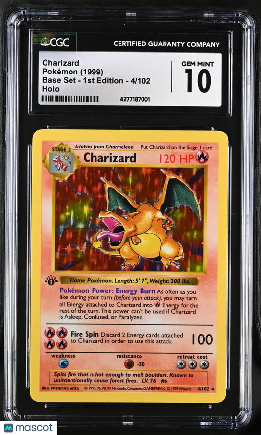 1999 Pokemon Base Set Charizard Holo 1st Edition CGC 10 #4/102