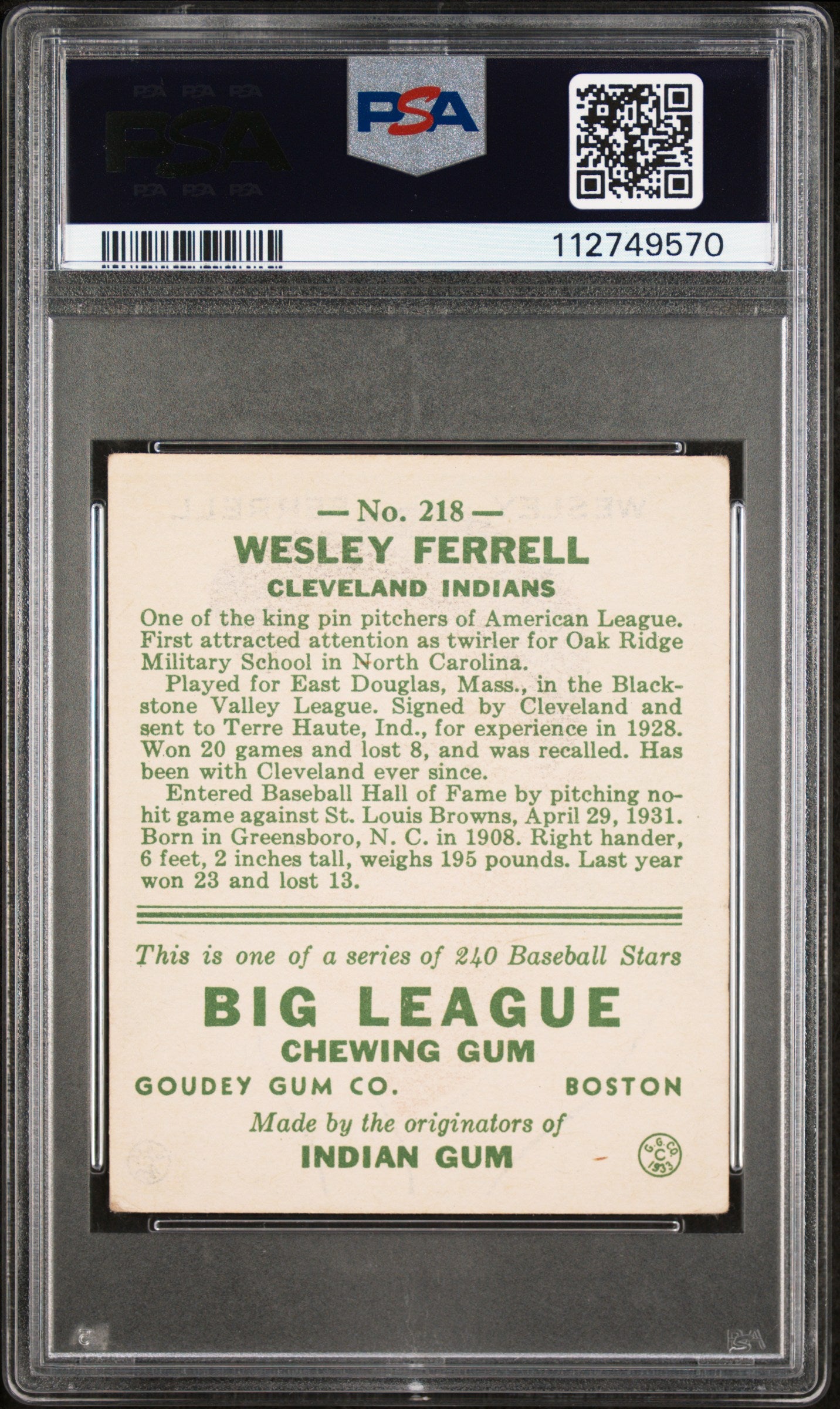 1933 Goudey Wesley Ferrell #218 PSA 3.5