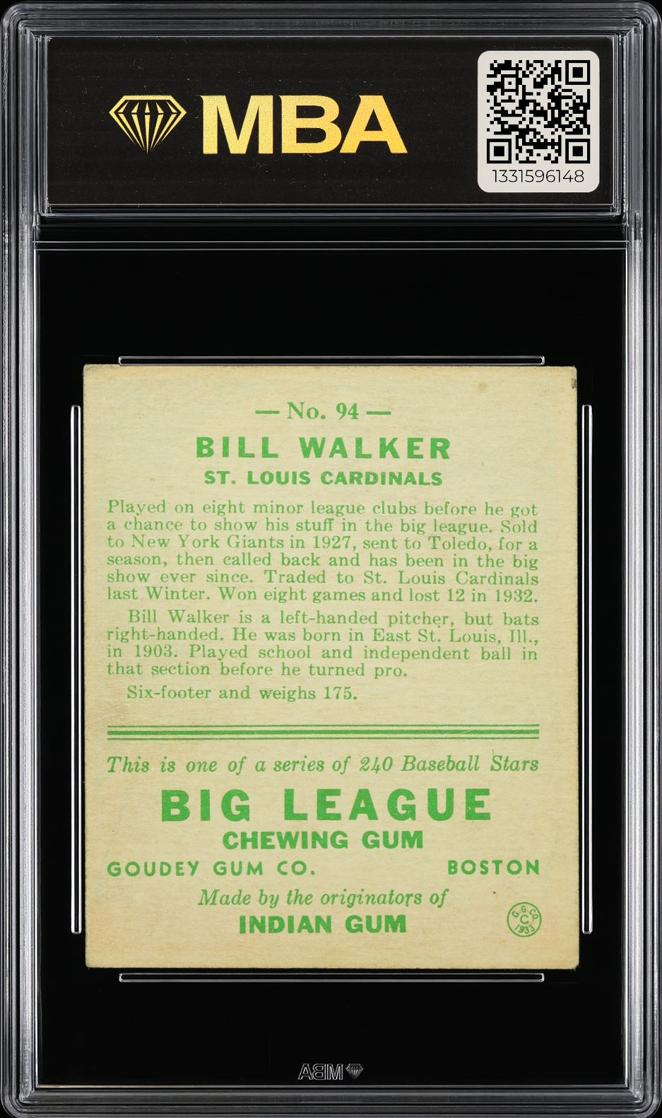 1933 Goudey Bill Walker #94 MBA 4