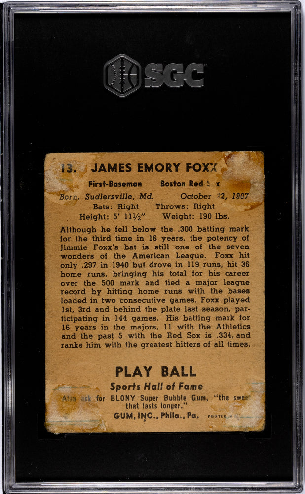 1941 Playball Jimmie Foxx #13 SGC 1