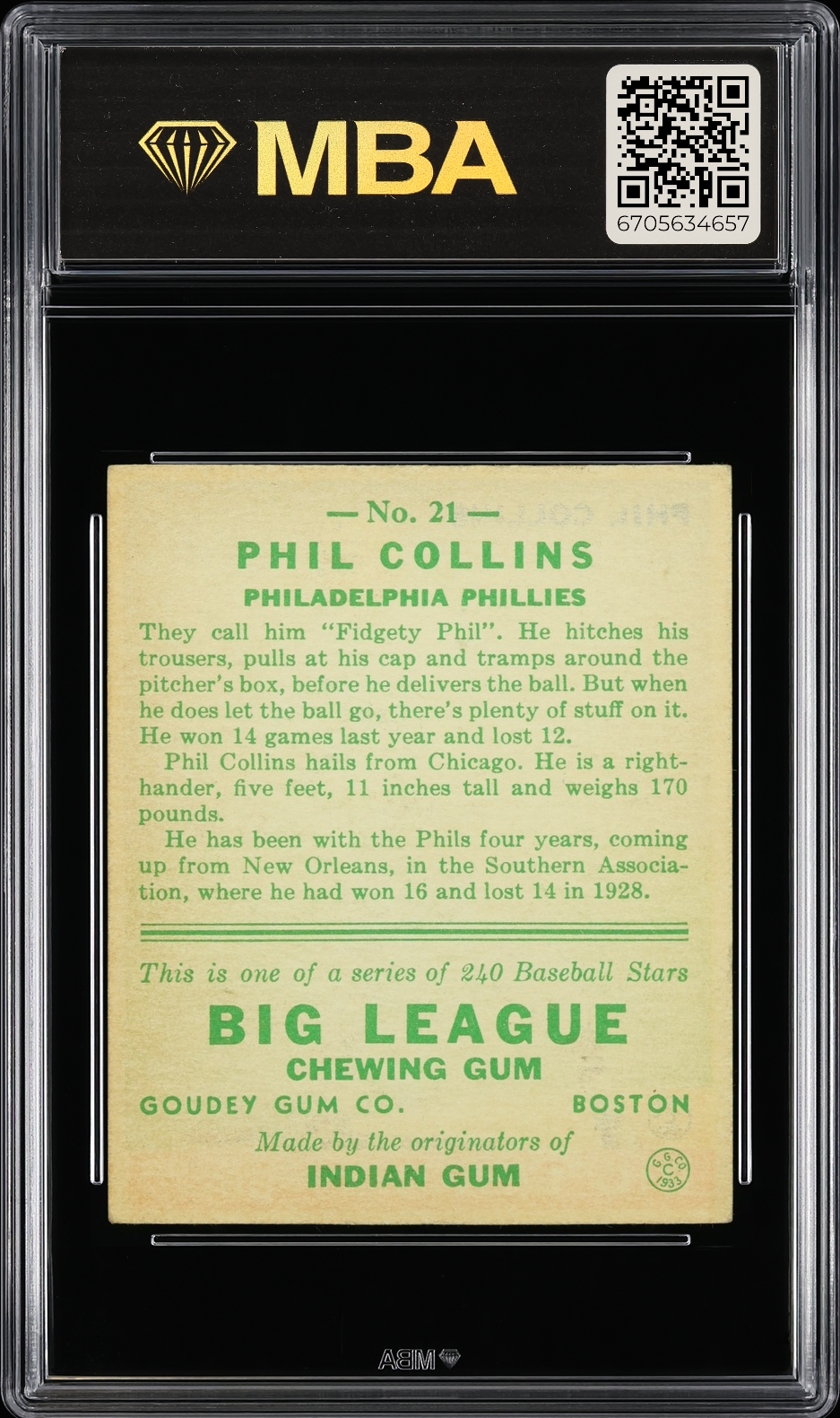 1933 Goudey Phil Collins #21 MBA 3.5