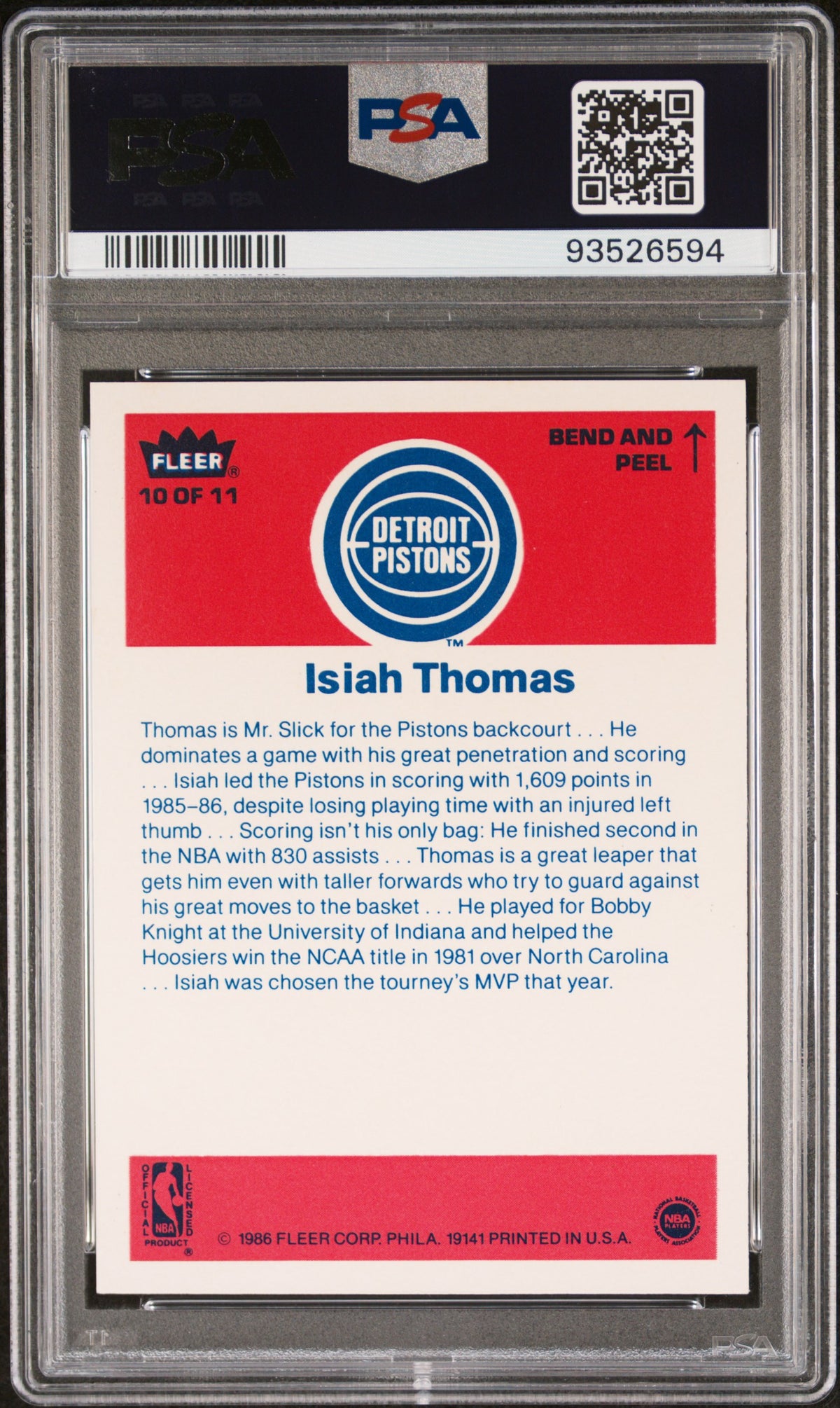 1986 Fleer Sticker Isiah Thomas #10 PSA 10