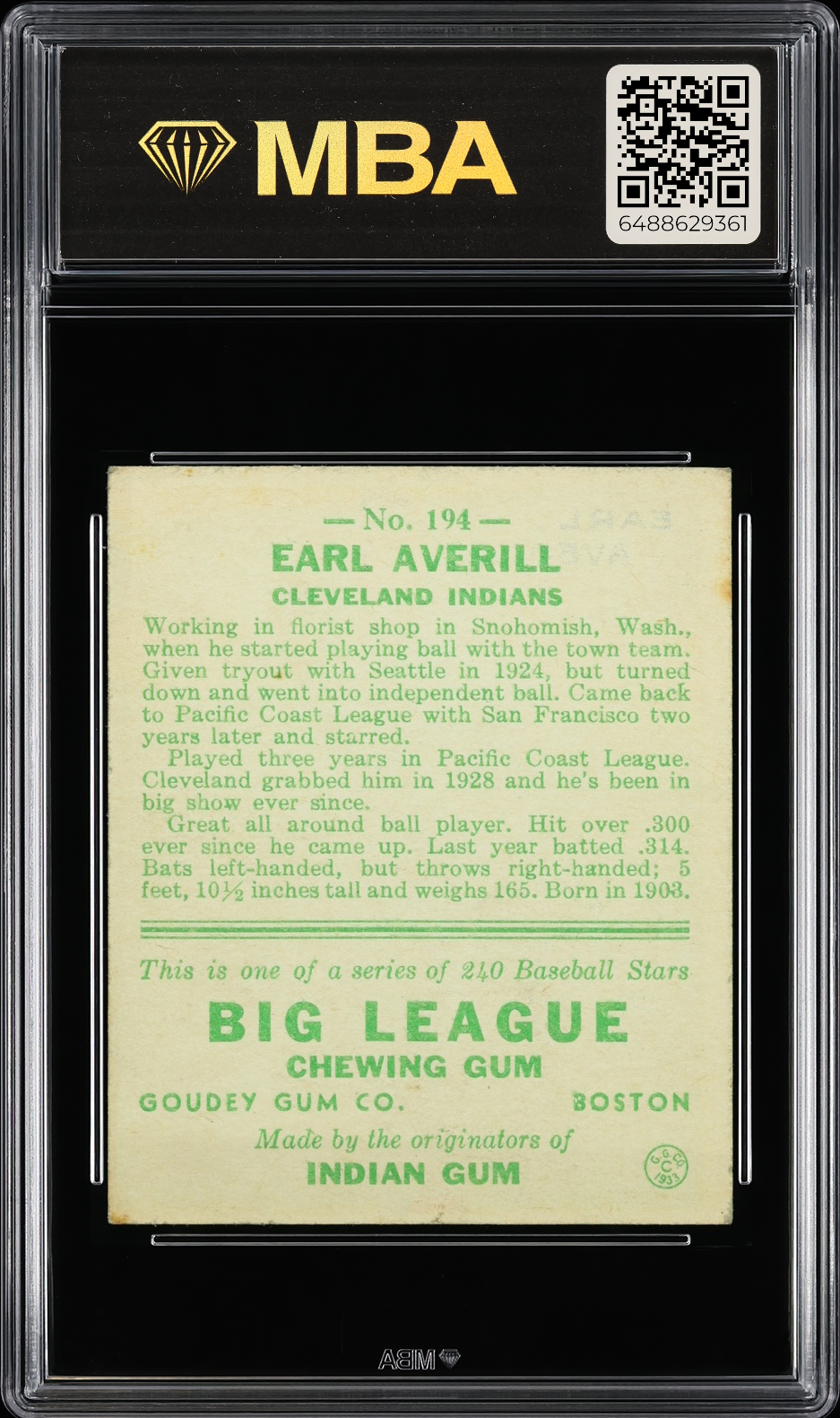 1933 Goudey Earl Averill #194 MBA 3