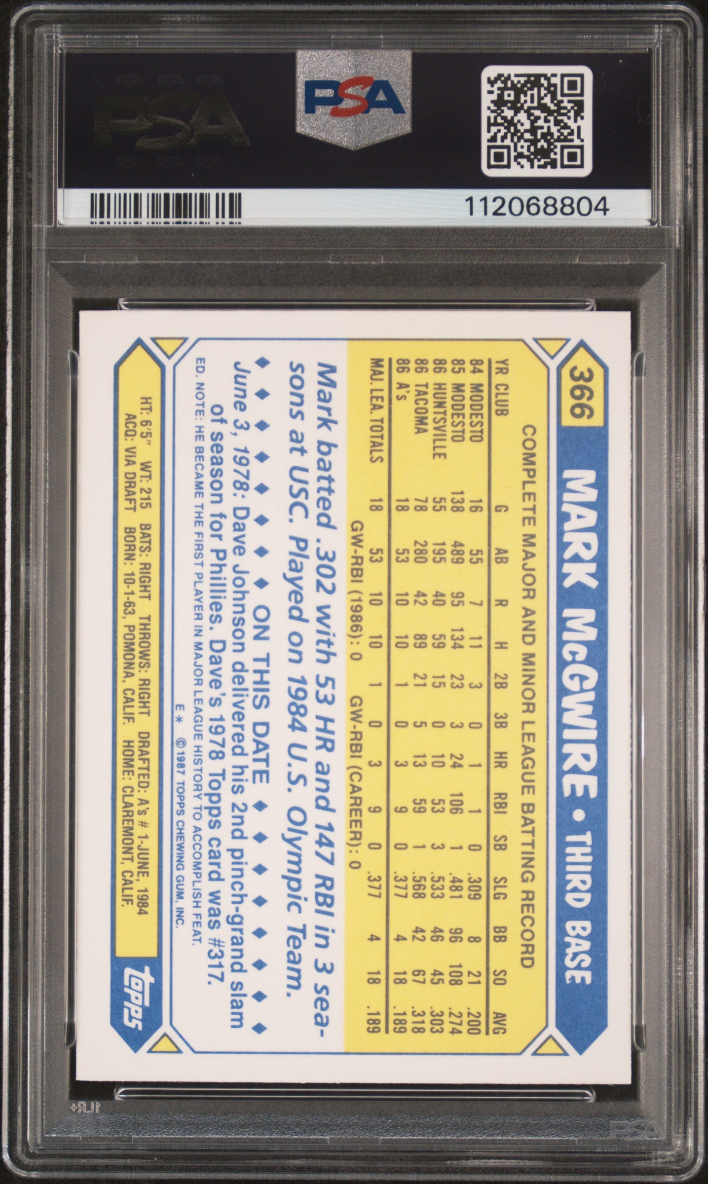 1987 Topps Tiffany Mark Mcgwire #366 PSA 9 Auto 10